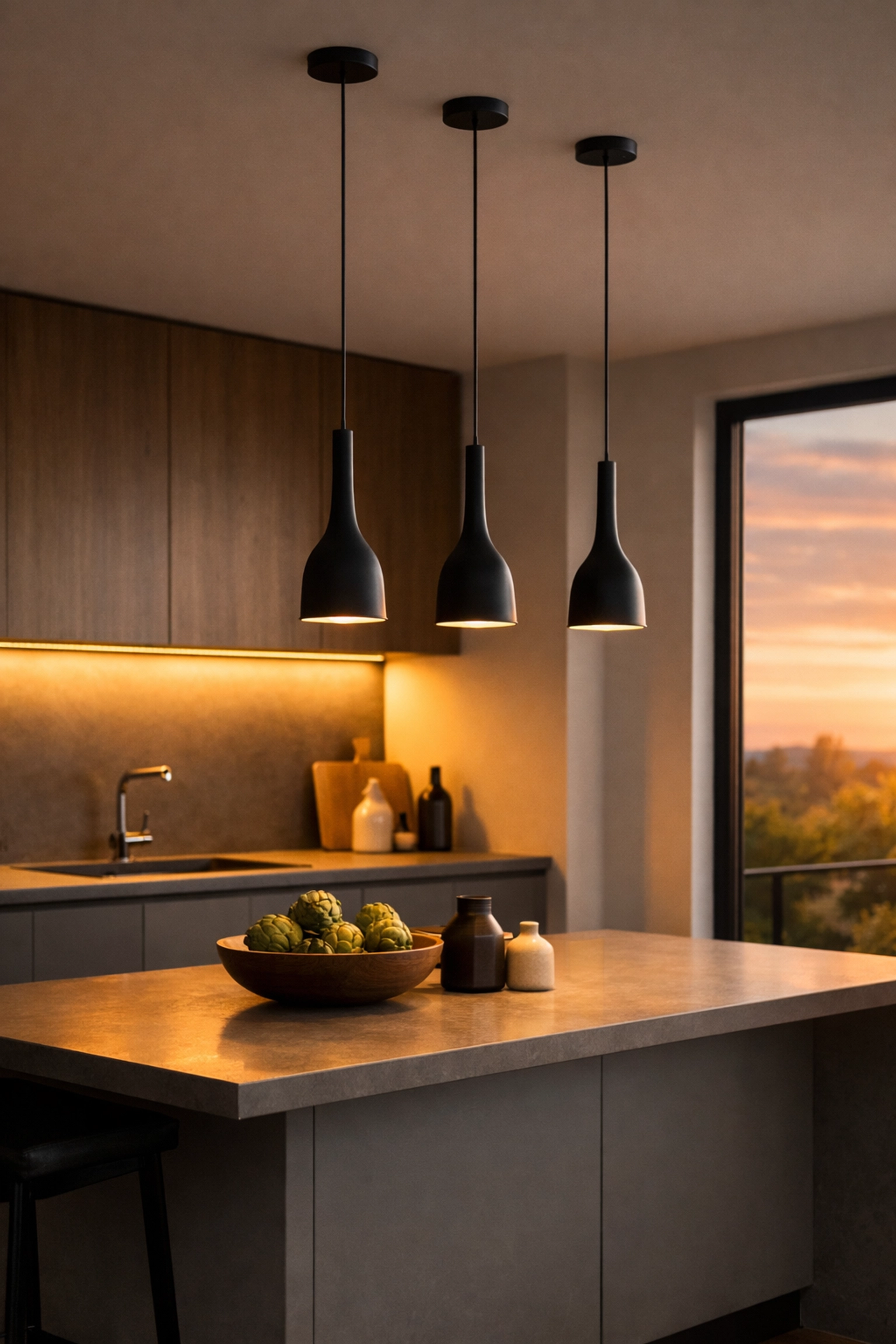 Modern kitchen lighting design with under-cabinet LEDs and pendant lights over a sleek kitchen island.
