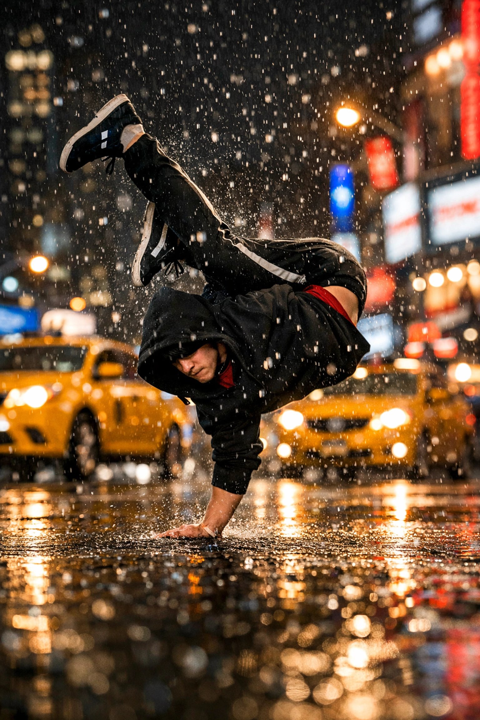 Dynamic street photo at night using AI-powered mirrorless features for sharp focus and stabilization.