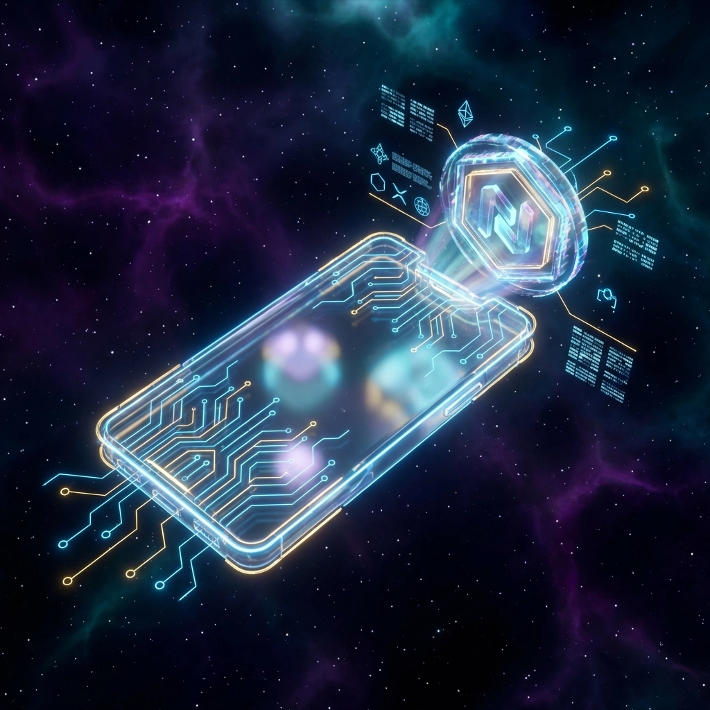 Futuristic NFT receipt showcases Larecoin blockchain verification benefits for crypto POS and small business accounting.