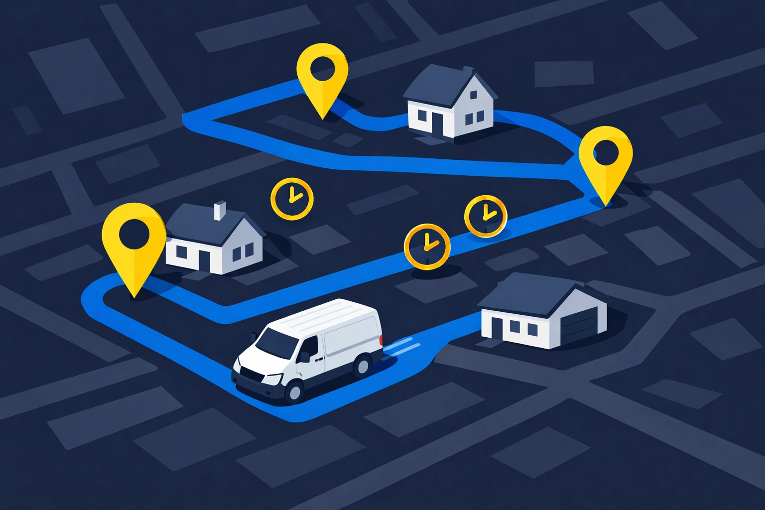 Illustration of a service van following an optimized route on a map for efficient field service scheduling.