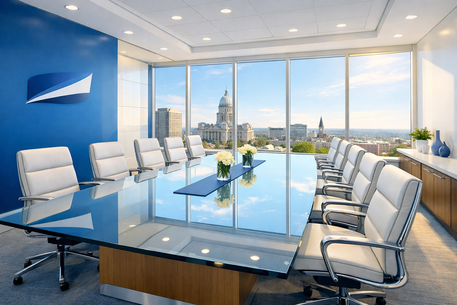 Spotless bank boardroom in Springfield with clear windows and a clean glass conference table.