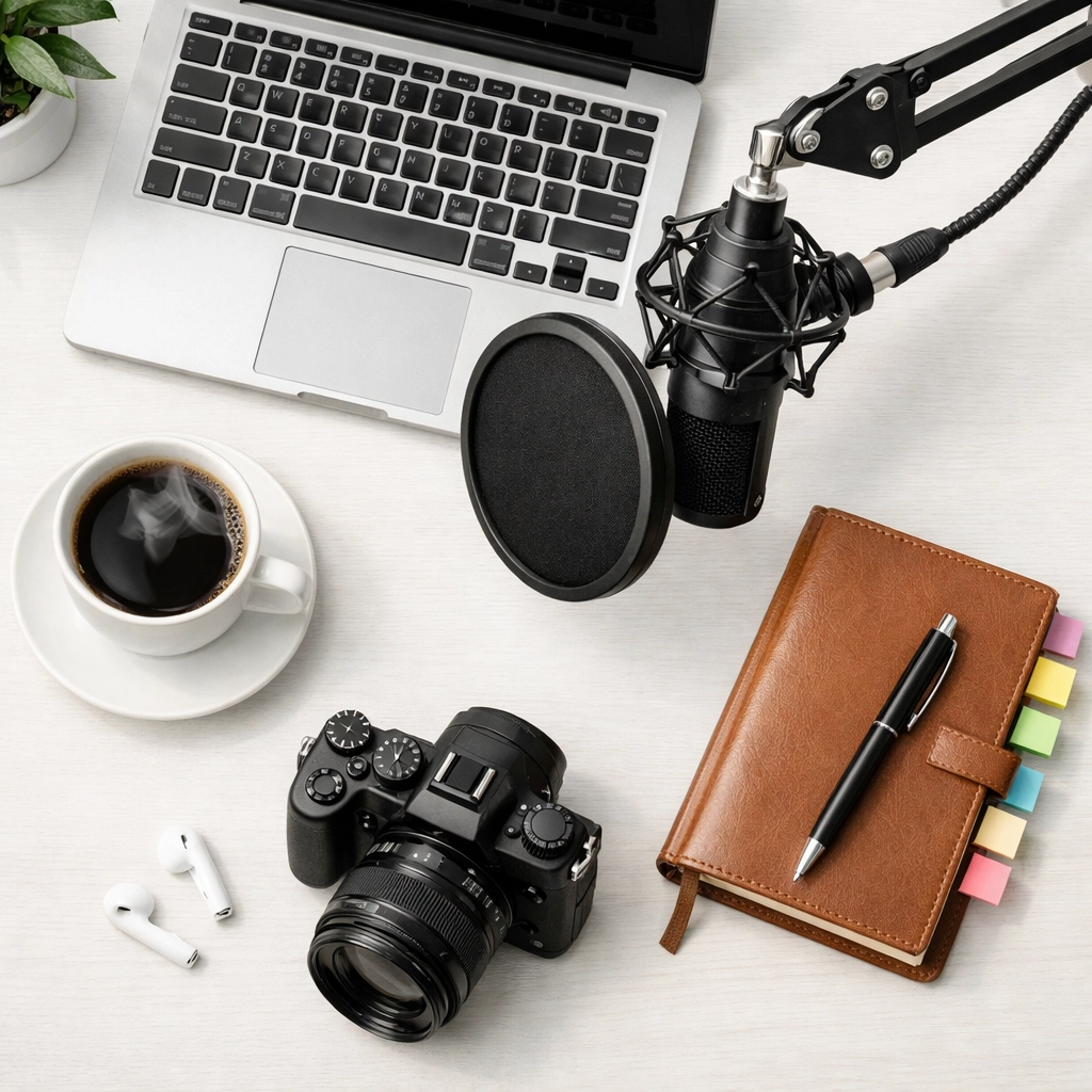 Modern content creator desk setup with laptop and microphone for blogging and monetization.
