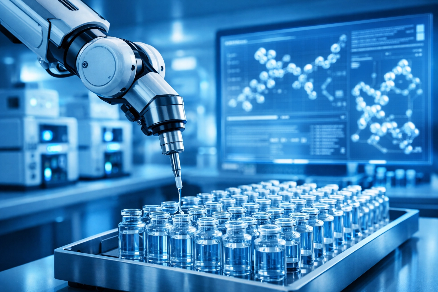 Modern pharmaceutical laboratory synthesizing pure semaglutide peptides for medical weight loss clinics.
