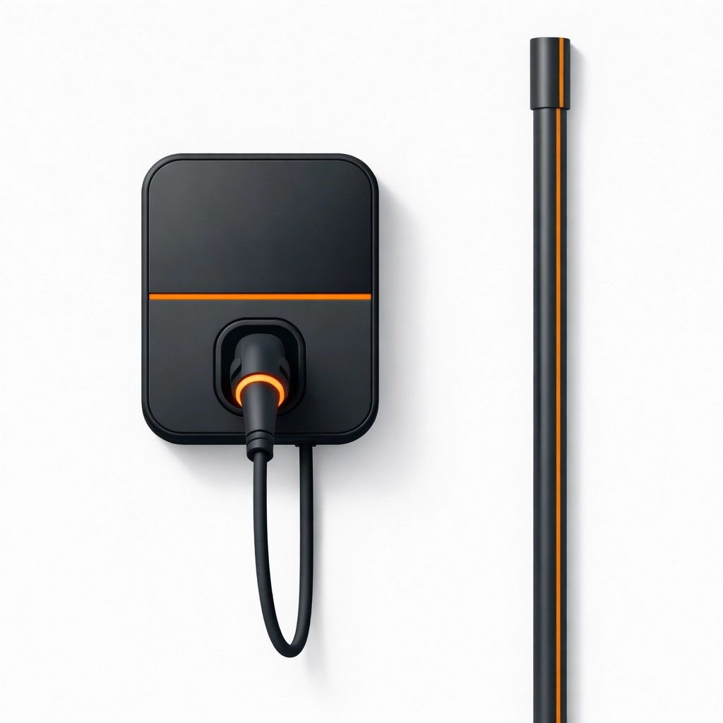 Moderne Wallbox Ladestation für E-Autos mit fachgerechter Leitungsführung an der Wand.