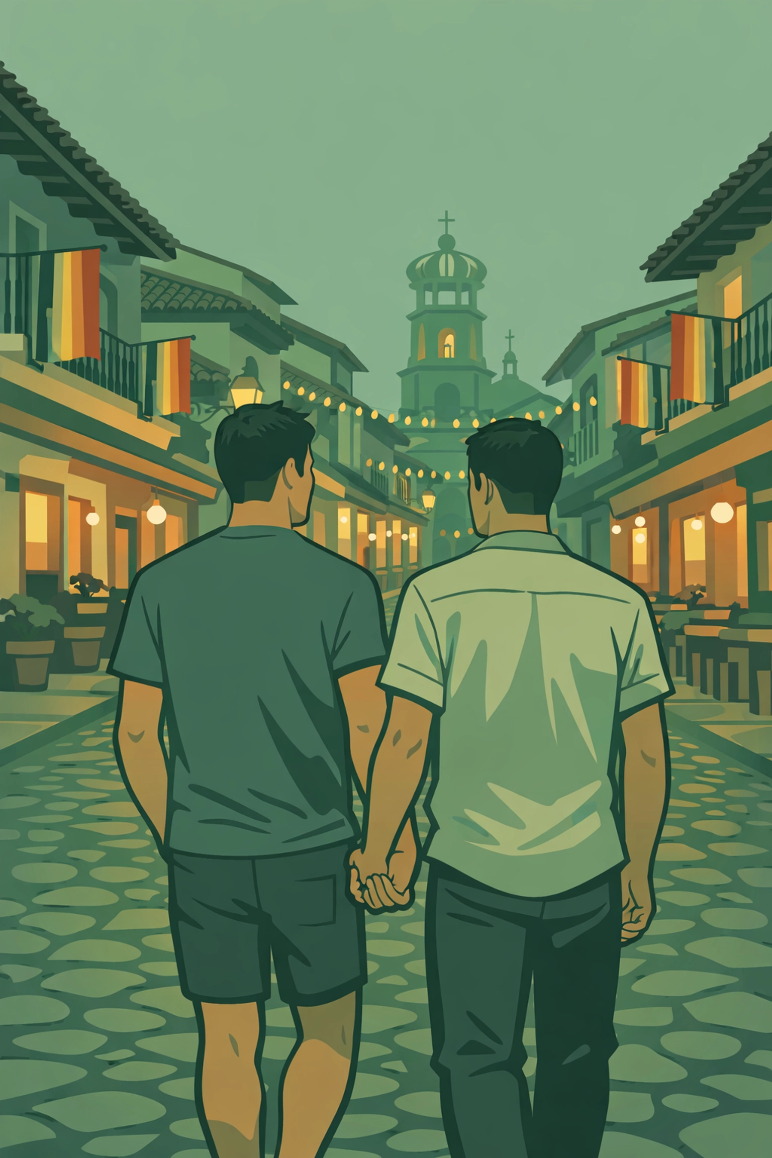 MM couple holding hands walking through Romantic Zone Puerto Vallarta with rainbow flags