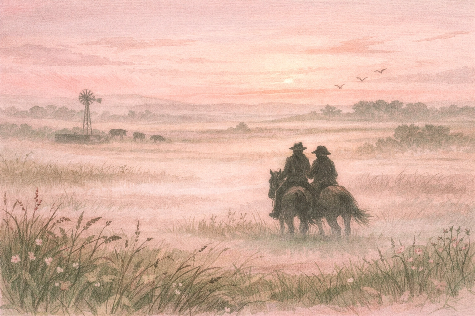 Two riders crossing the vast Argentine Pampas at dawn, MM historical romance landscape