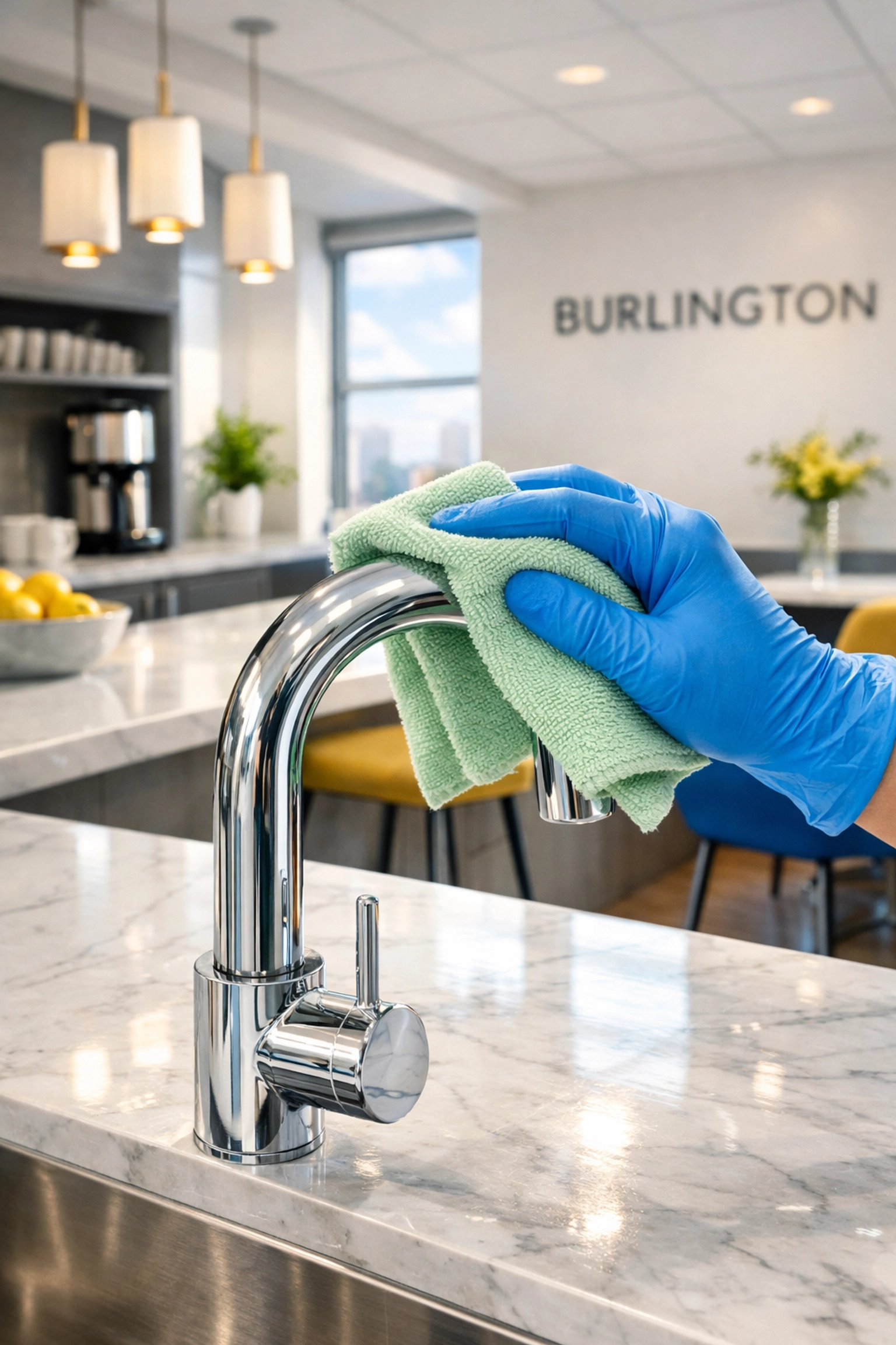 Professional eco-friendly Burlington office cleaning service sanitizing a modern breakroom faucet for a healthy workspace.
