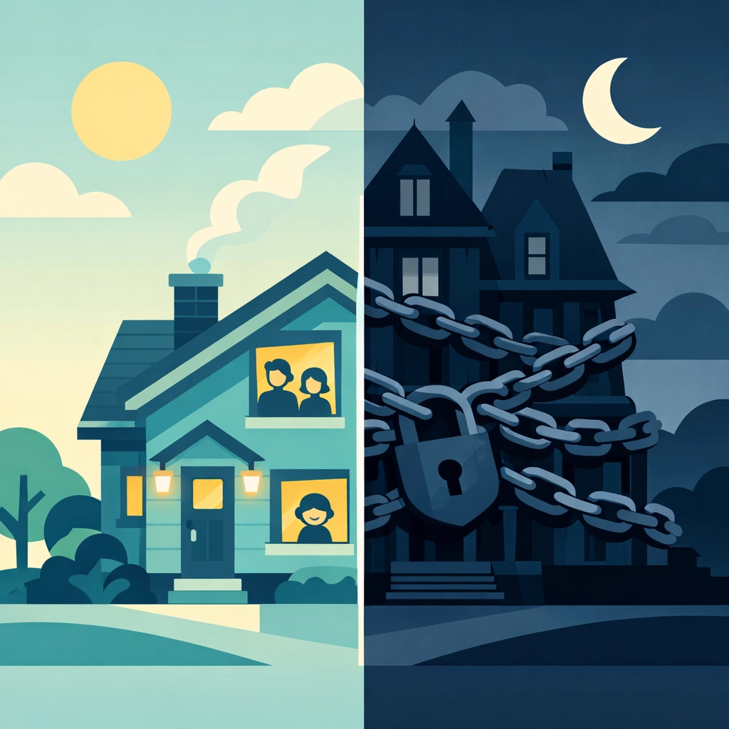 Comparison of affordable home versus oversized house showing financial burden on families