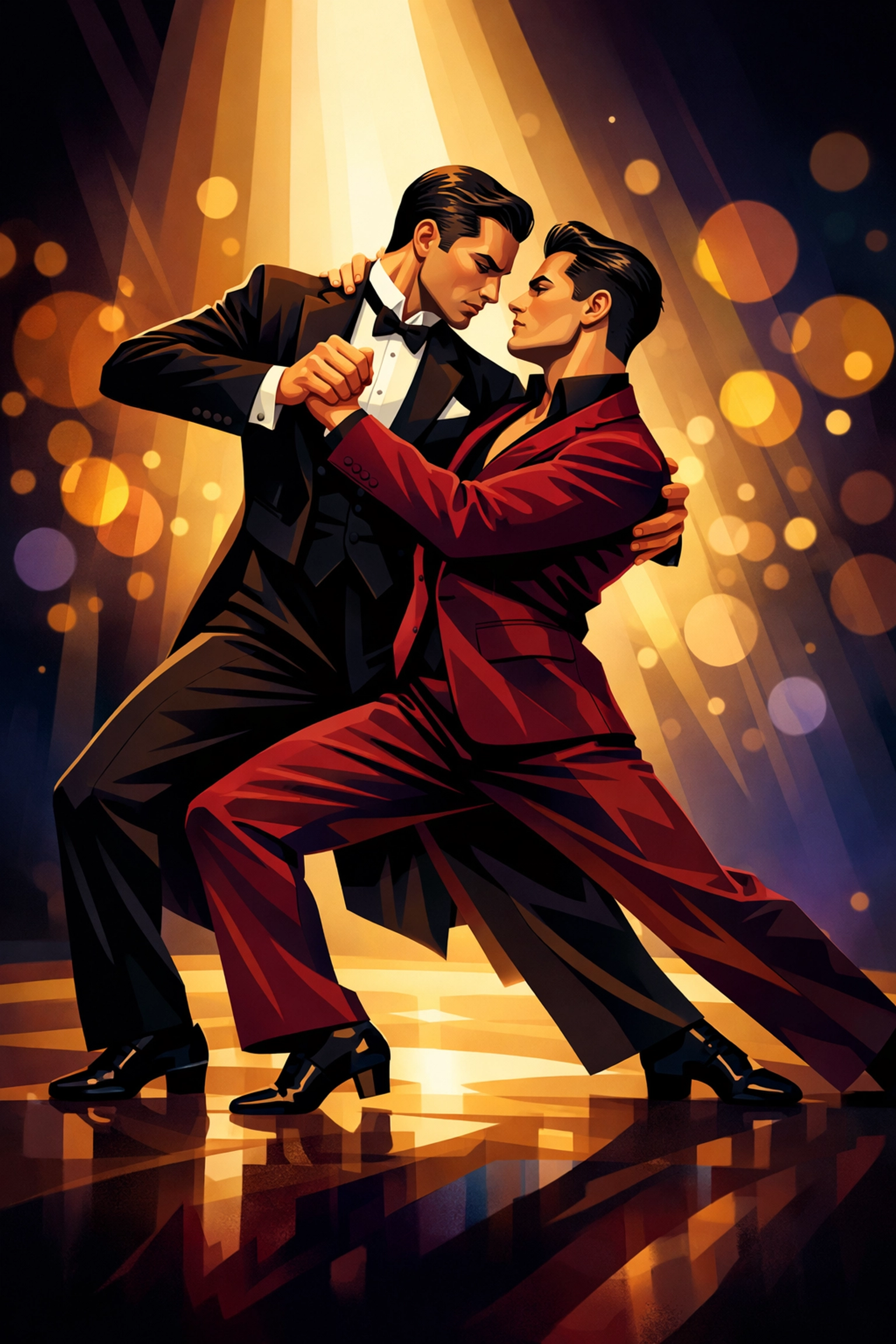 Two male ballroom dancers performing dramatic tango pose - MM romance dance story