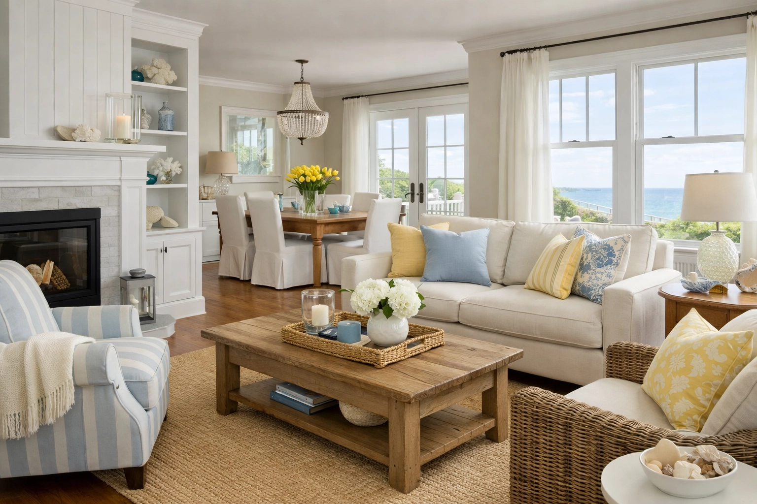 Clean and bright coastal home interior on the North Shore after reliable cleaning services Massachusetts.