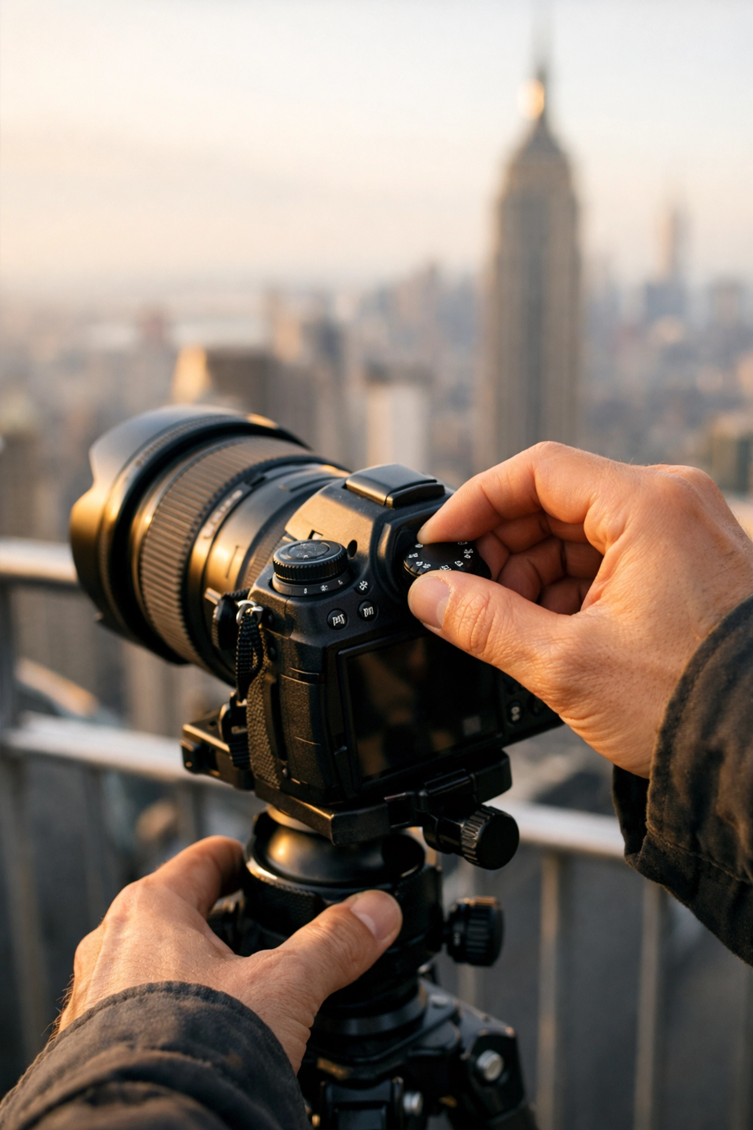 Professional photographer adjusting camera settings on a tripod during golden hour at an NYC observation deck.