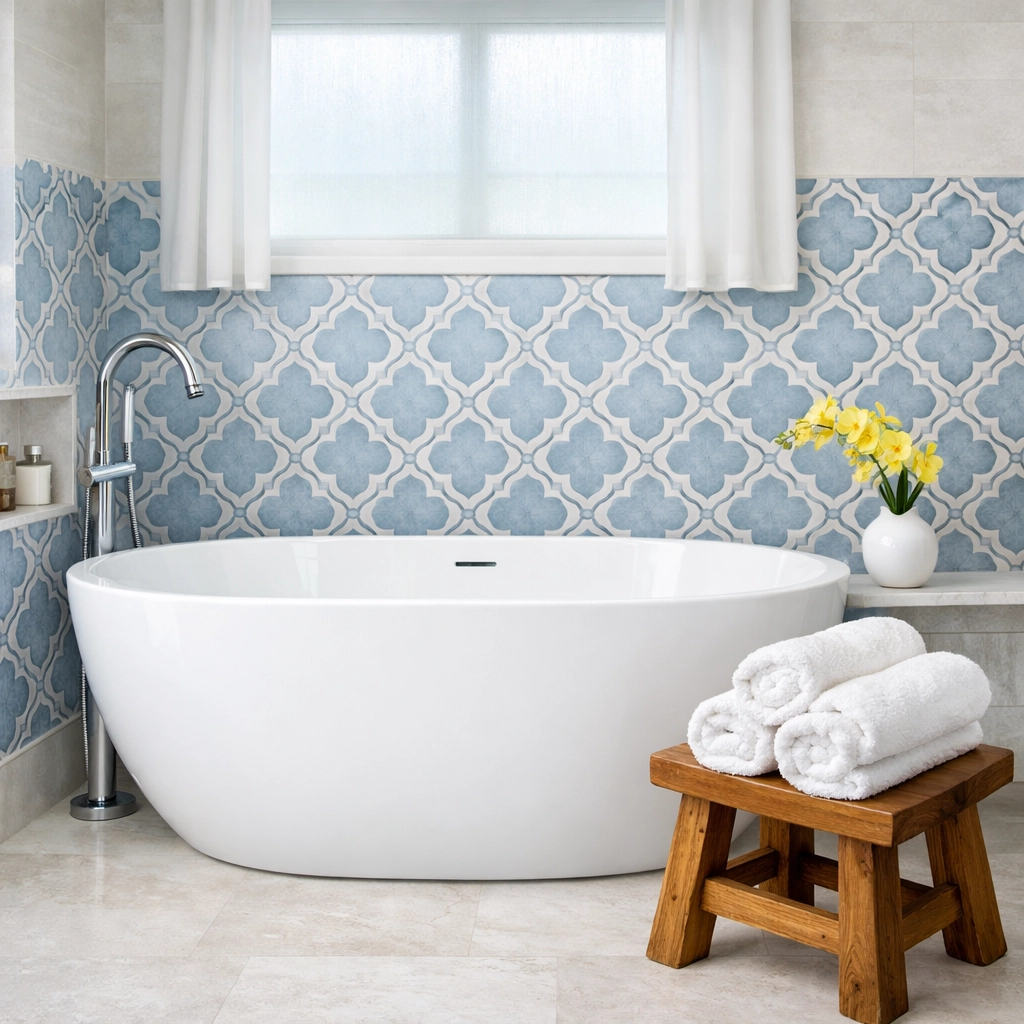 Impeccable master bathroom in Hyannis with sparkling tiles and a soaking tub from a move-in deep cleaning service.