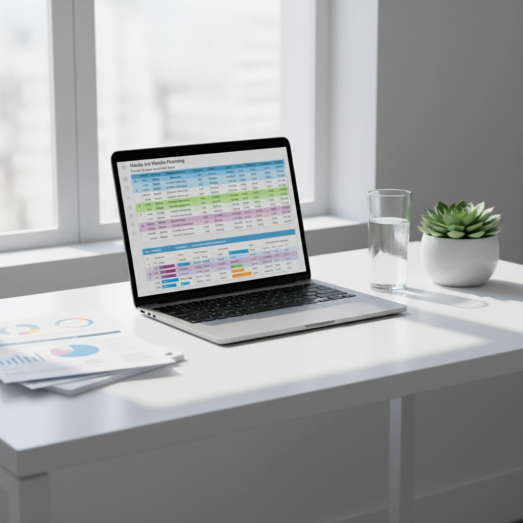 Laptop displaying a colorful spreadsheet on white desk with glasses, succulent, and window in background. Bright, organized workspace.
