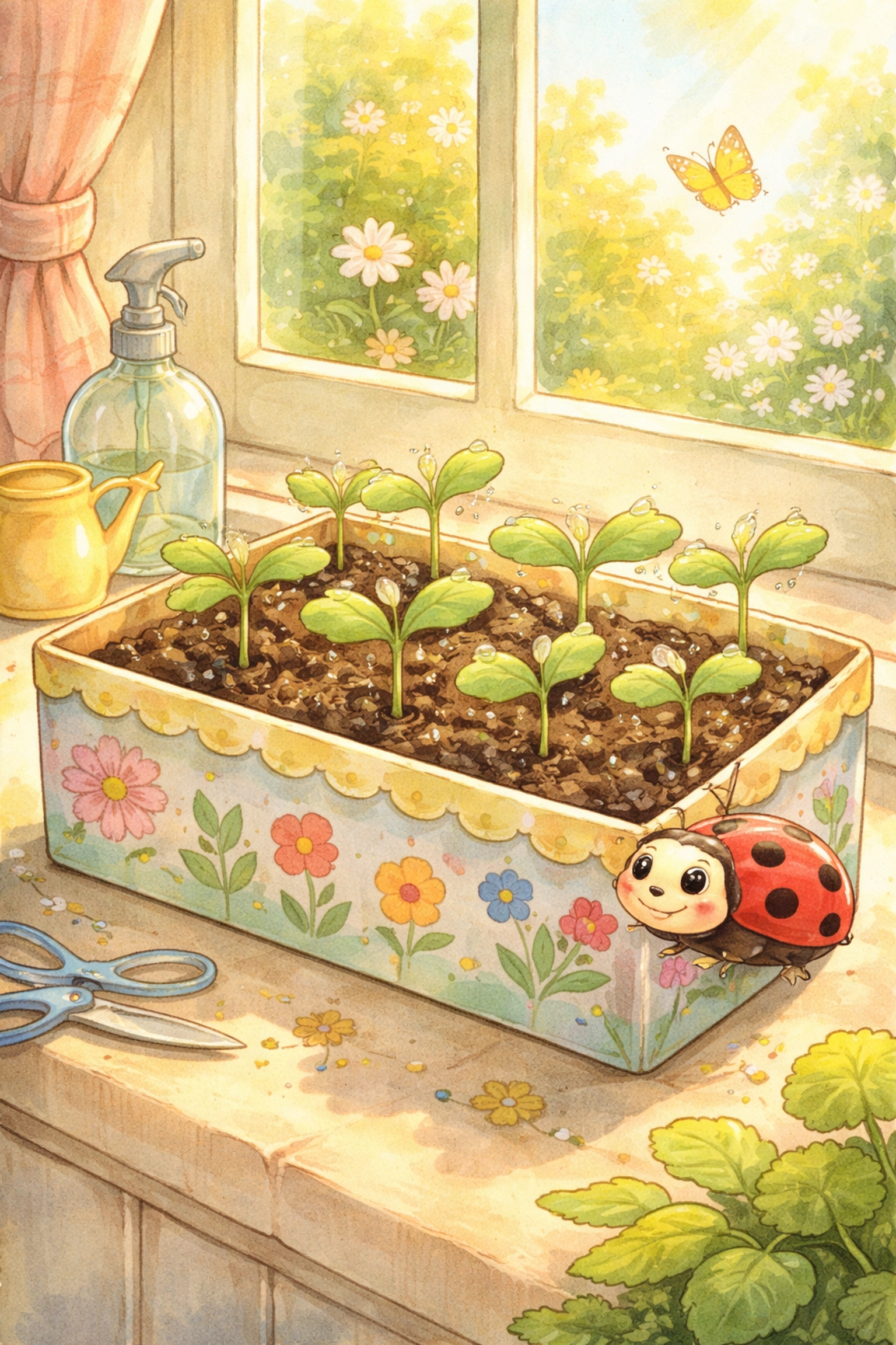 Classic storybook image of tiny green herb seedlings sprouting from soil in a shoebox garden, positioned on a bright indoor windowsill.