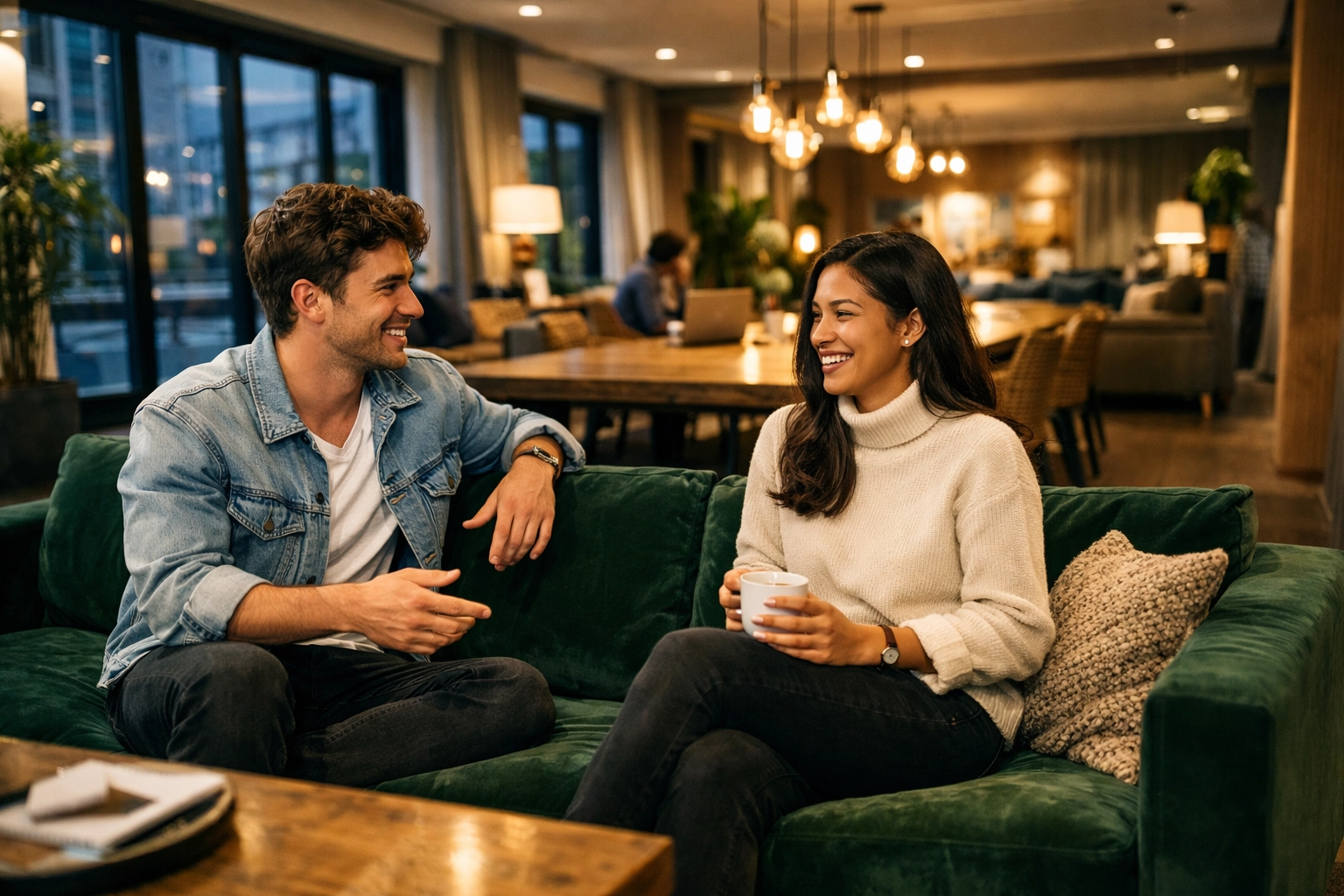 Young professionals socializing in a high-end shared living room in SouthPark, Charlotte.