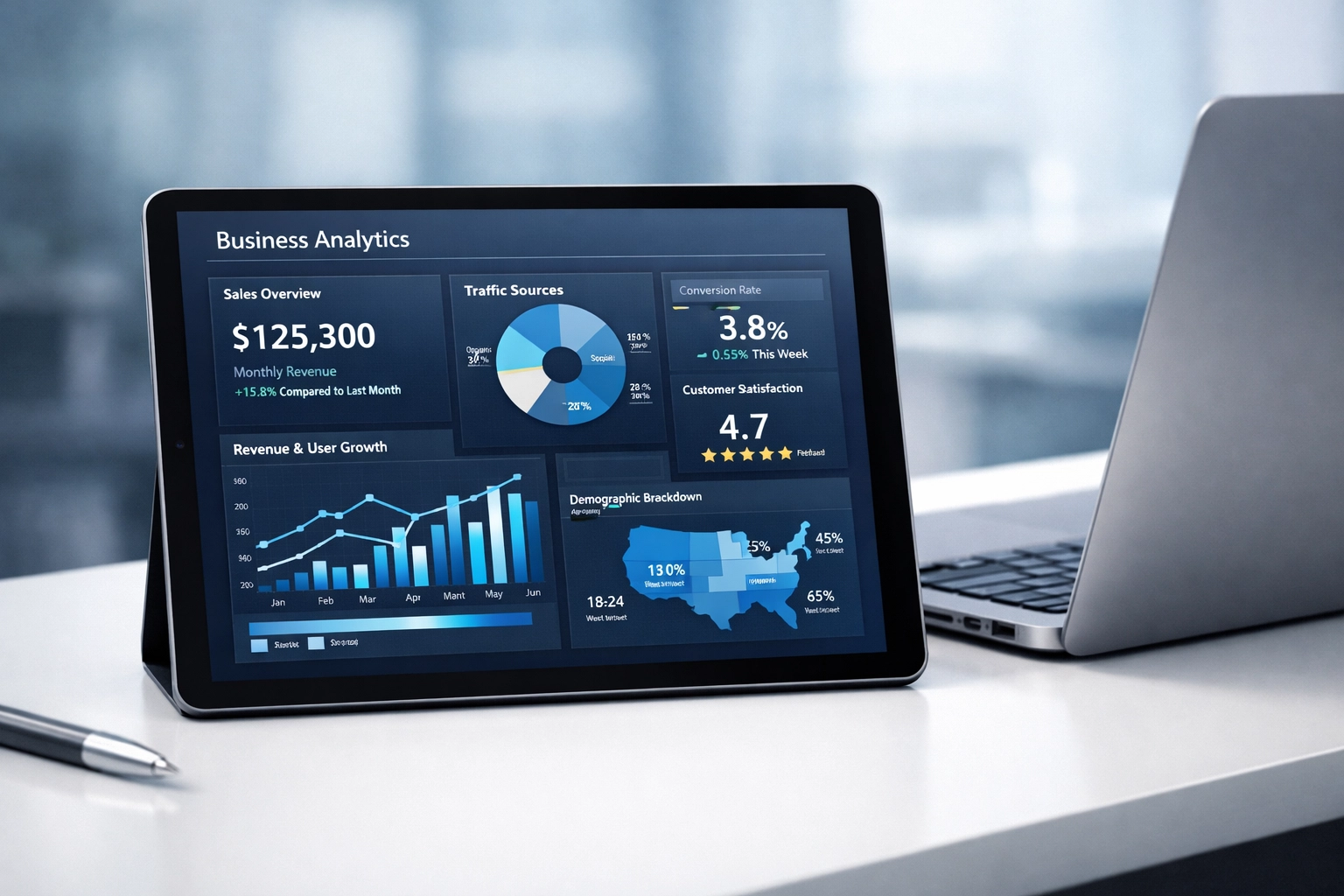 Modern business analytics and data visualization on a tablet for a successful company sale.