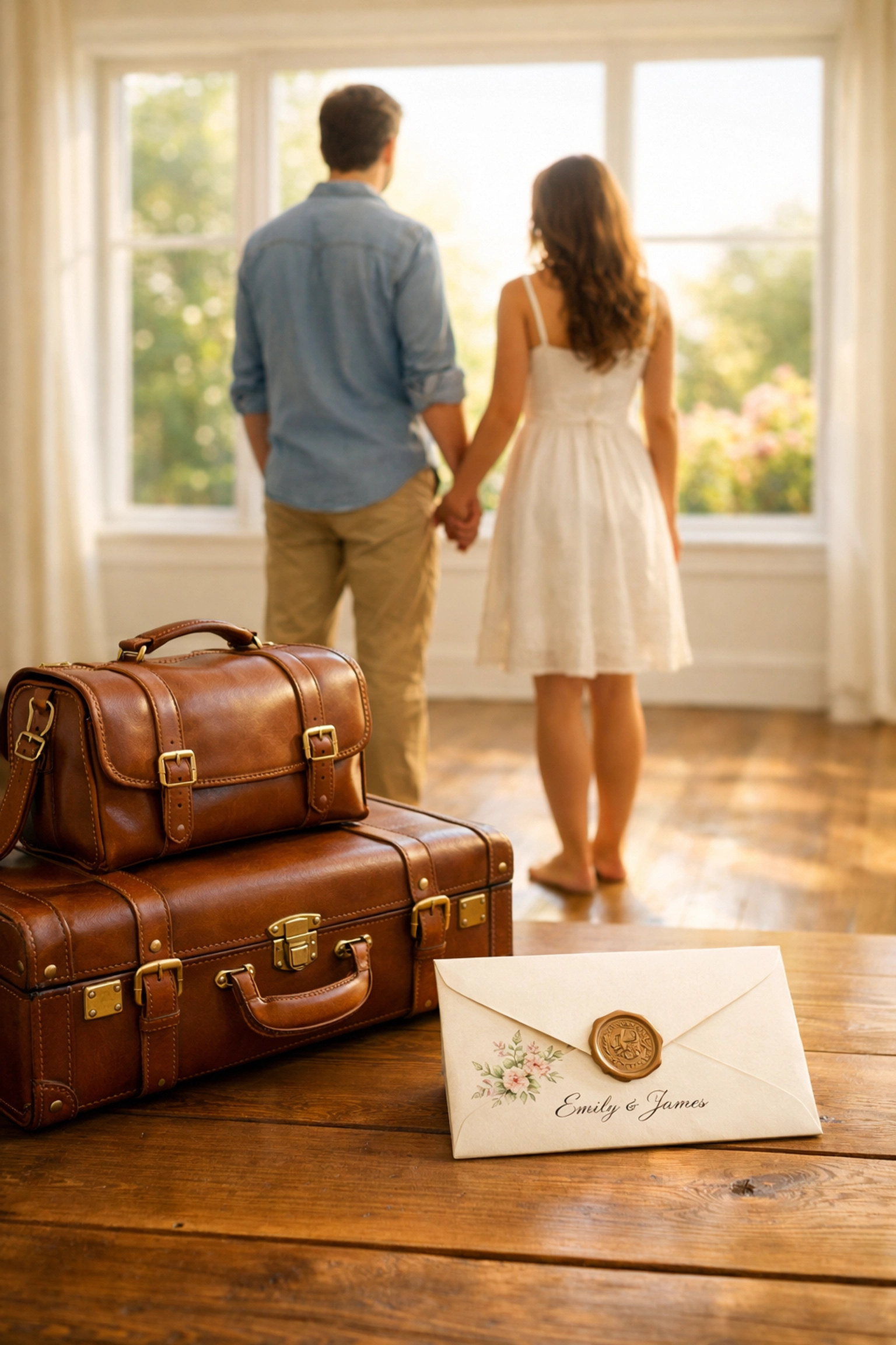 Couple celebrating their future home goals funded by avoiding expensive paper wedding RSVPs.