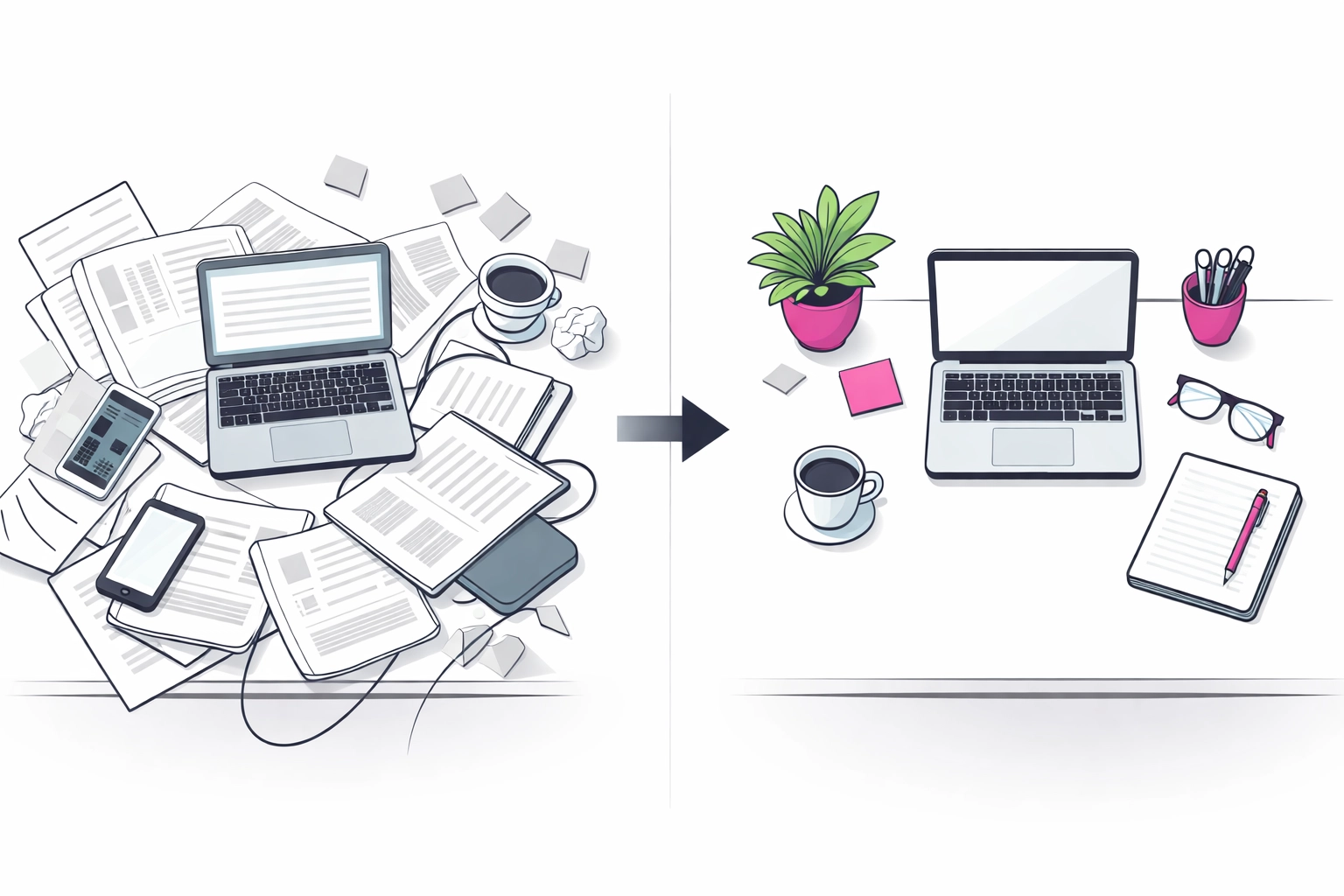 Cluttered desk transforming into organized workspace illustrating marketing simple-sizing concept