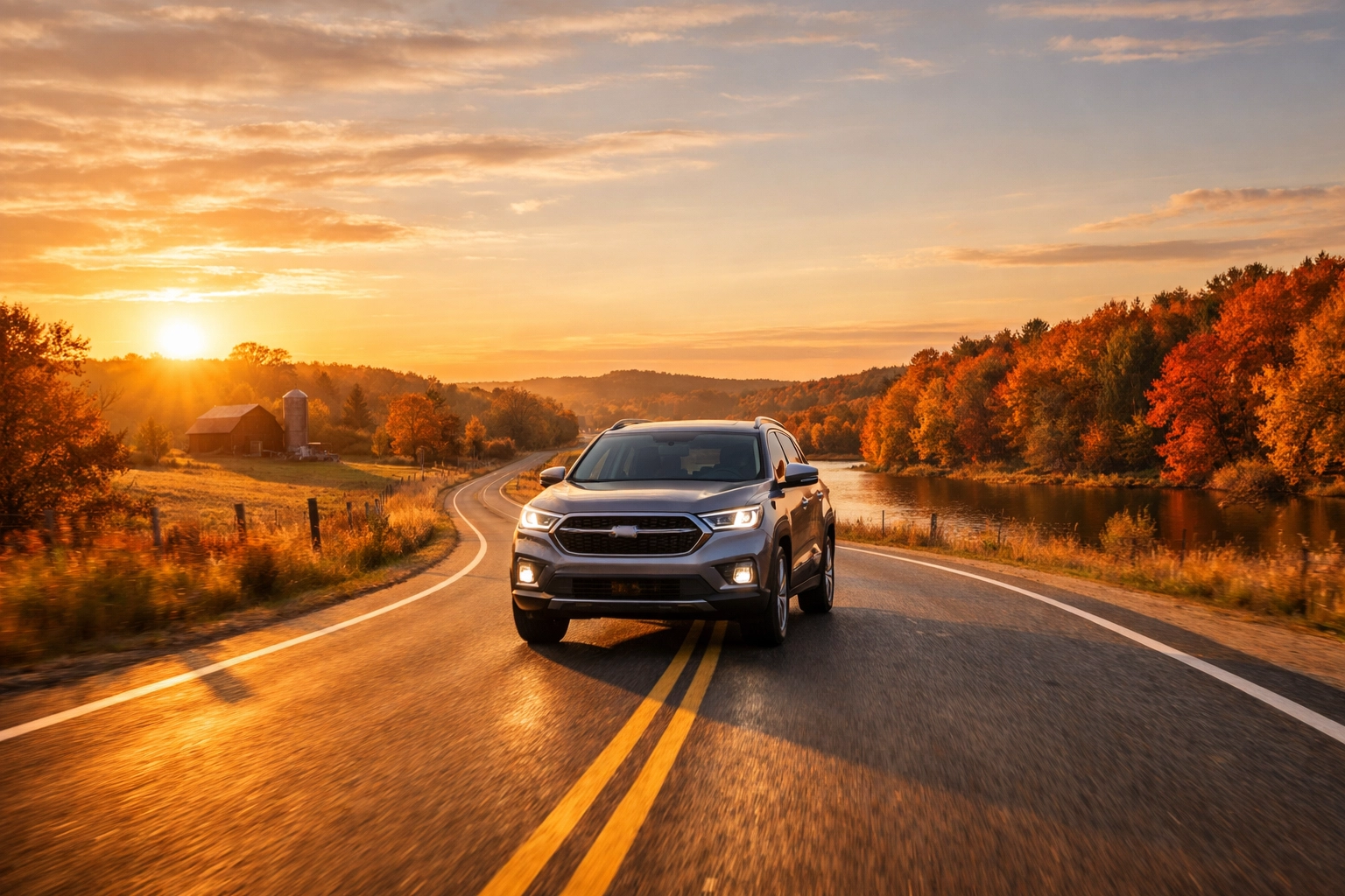 A well-maintained car driving safely on a scenic road after a professional Green Bay auto service.