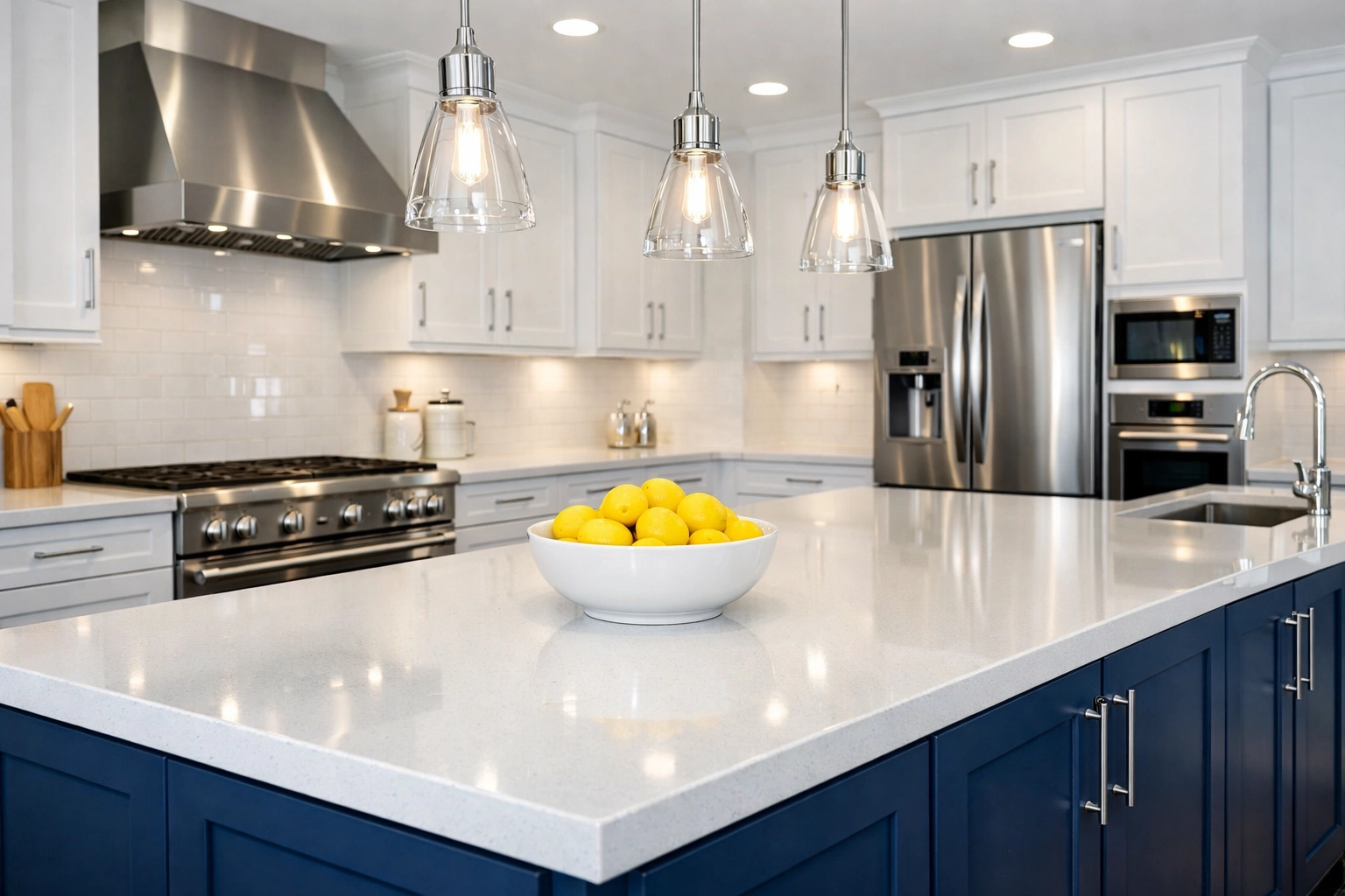 Gleaming modern kitchen counters cleaned by professional cleaners Templeton MA for a move-in ready home.