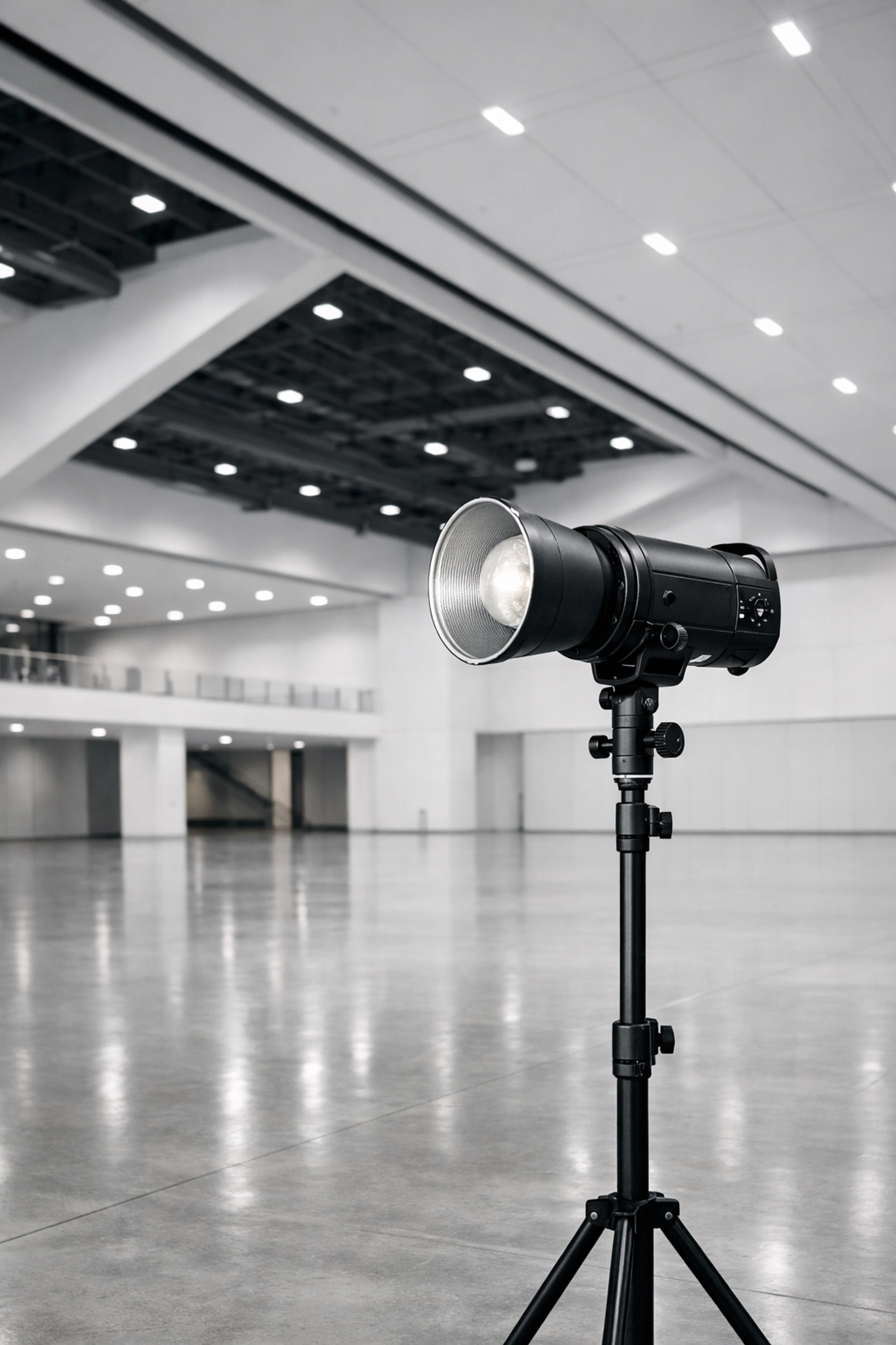 Professional studio strobe lighting setup for a trade show booth in a Miami convention hall.
