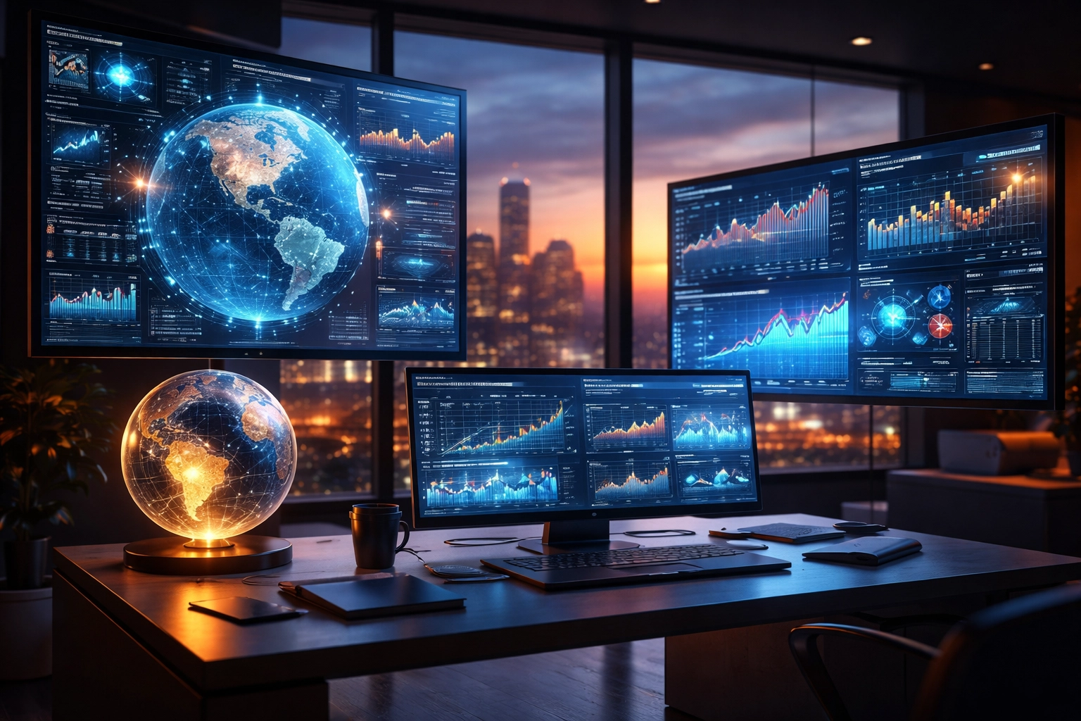 Financial control room with global market data and cityscape view, illustrating hedge fund strategy opportunities in 2026