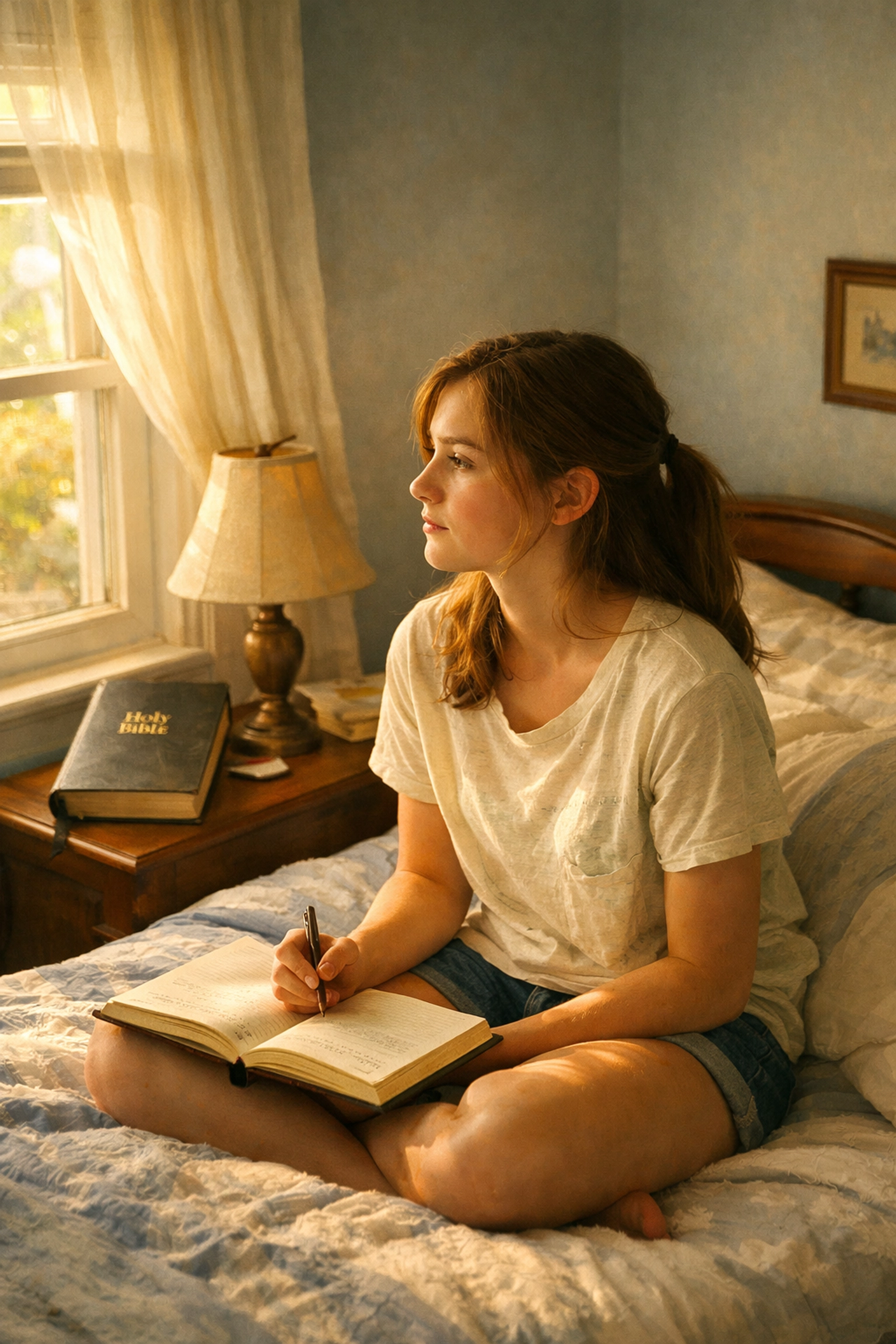 Teen girl reflecting with journal and Bible, contemplating faith and mental health