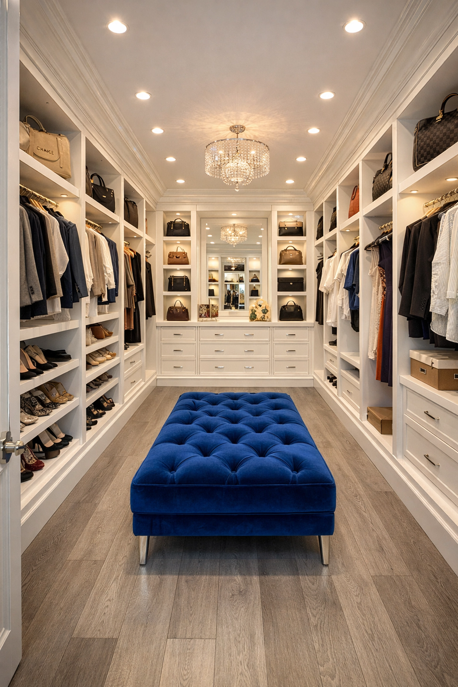 Dust-free organized walk-in closet in a high-end home using luxury house cleaning Natick MA.