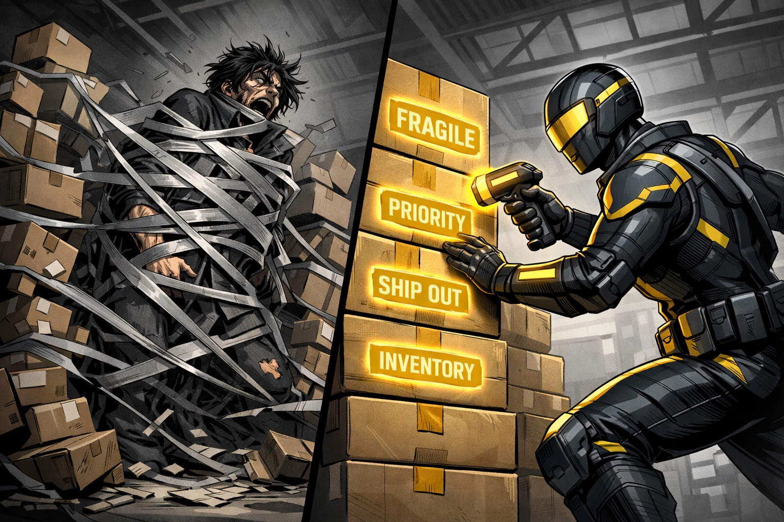 Professional Amazon FBA prep service specialist efficiently labeling shipping boxes in a clean warehouse.