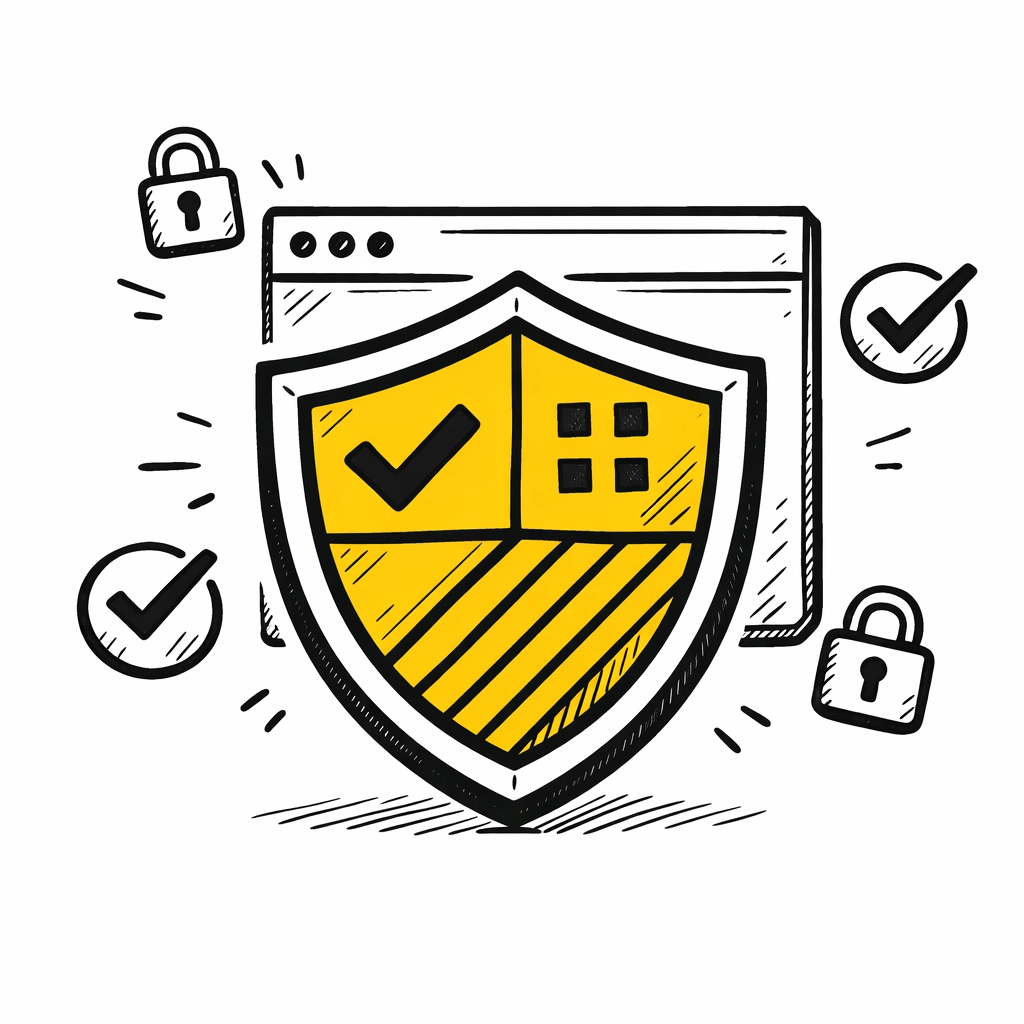 Website security shield protecting browser with locks and checkmarks
