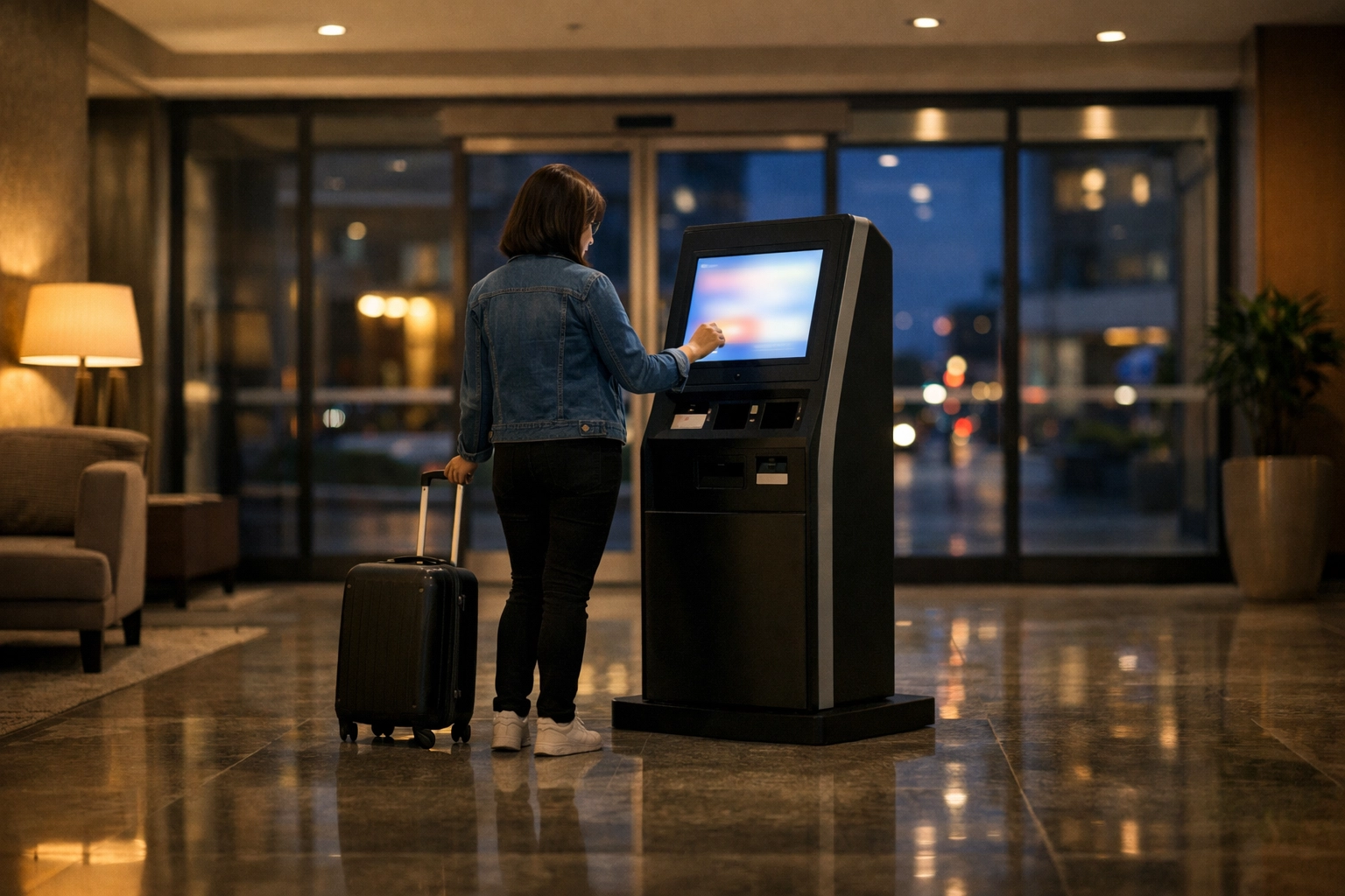 A modern hotel self-check-in kiosk in a lobby for 24/7 guest arrival and room access.