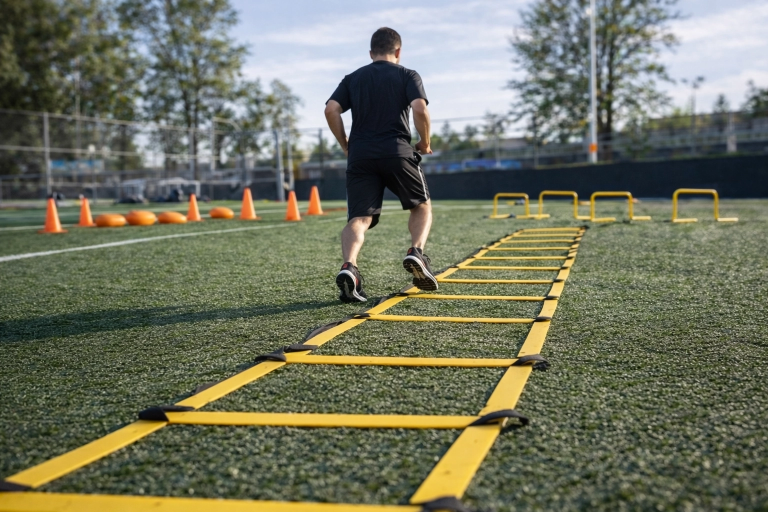 Athlete performing rapid footwork drills through agility ladder on turf field