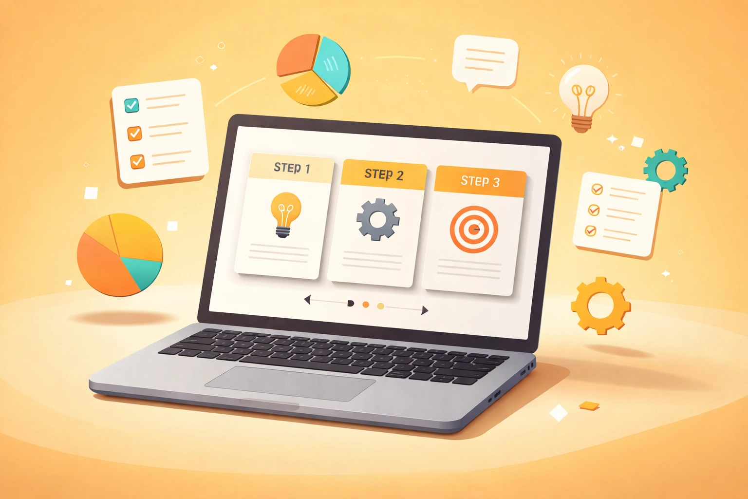 Laptop with tutorial carousel and infographics illustrating educational graphic design tips