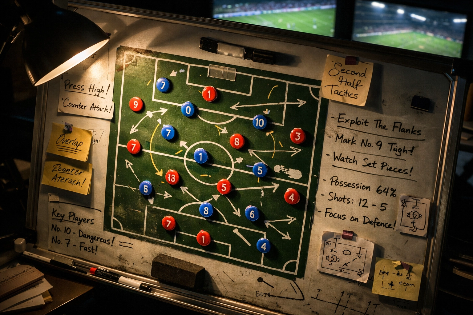 Tactical board with football formations and match analysis in coaching office