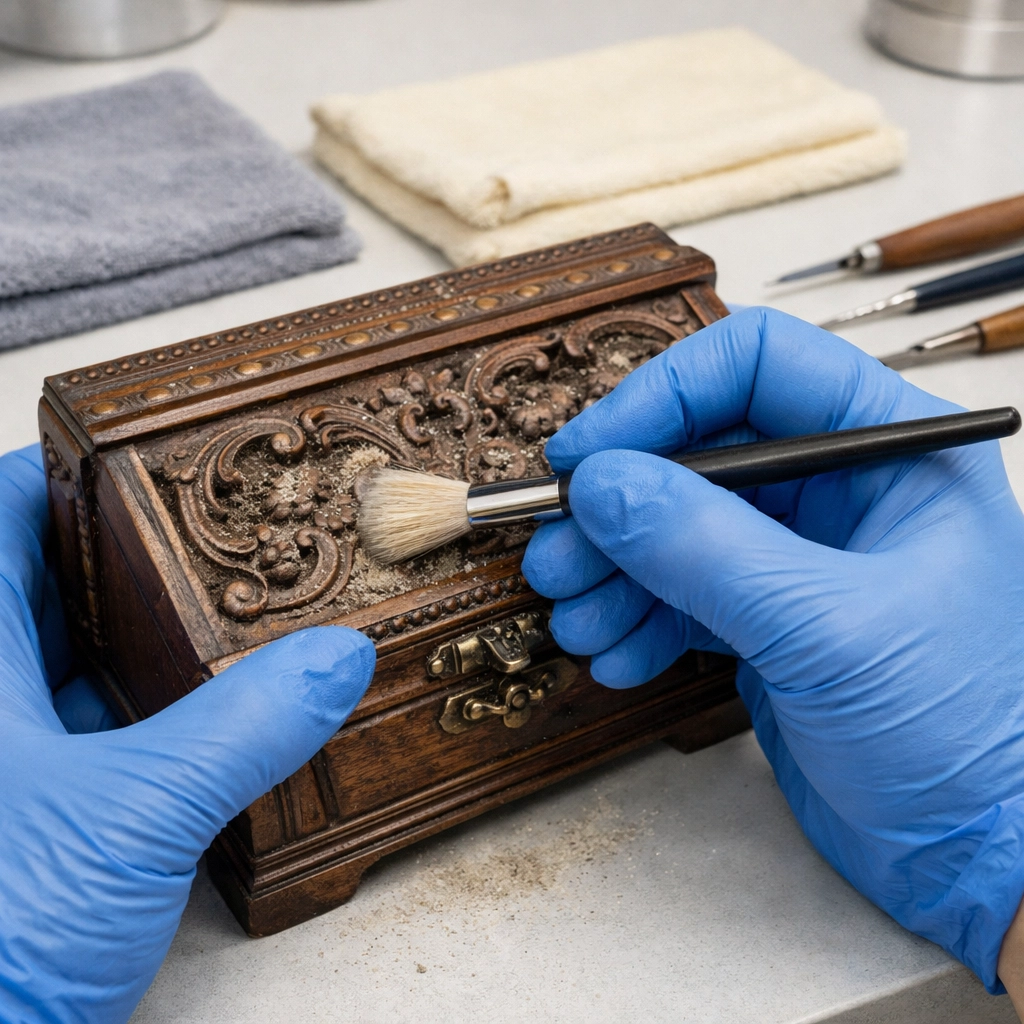 Professional cleaning of silt from an antique jewelry box during contents rescue in Acadiana Louisiana.