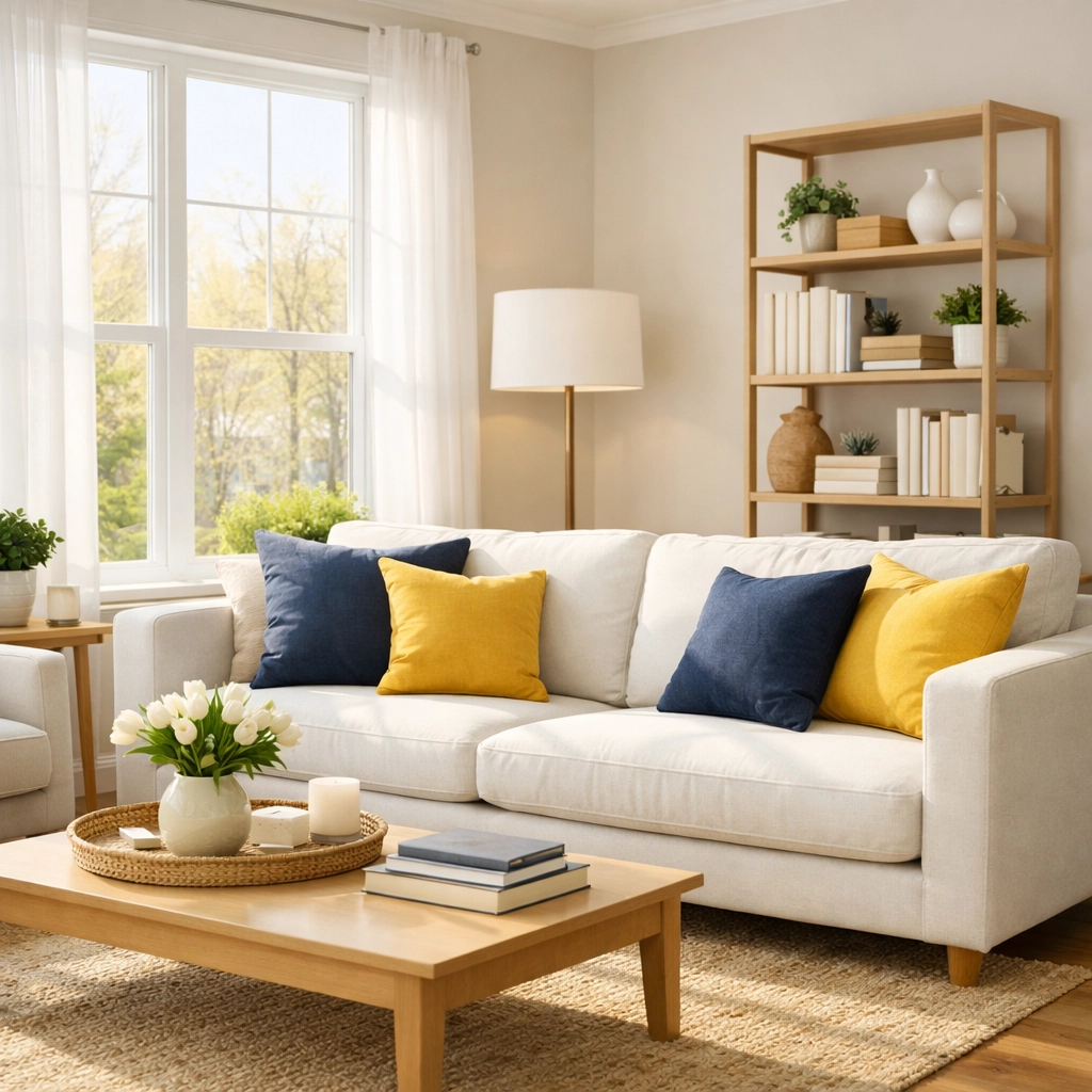 Clean and organized Leominster living room kept fresh with weekly house cleaning.