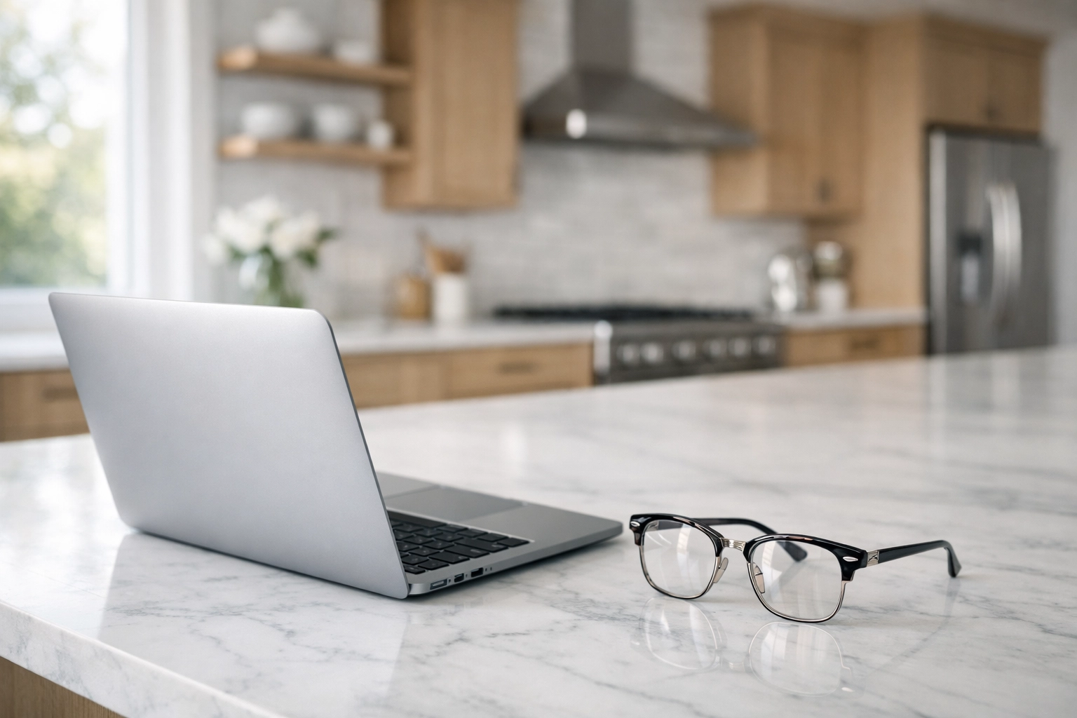 Modern Raleigh kitchen island with a laptop used for home valuation and real estate data research. Modern Raleigh kitchen island with a laptop used for home valuation and real estate data research.