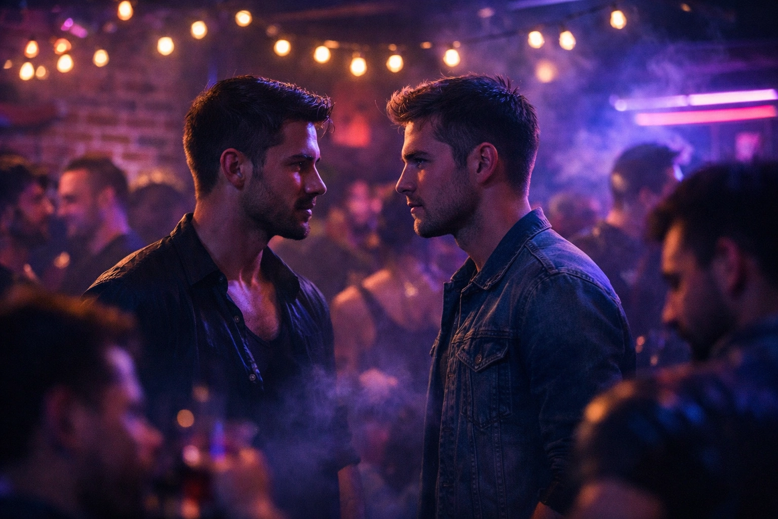 Two men making eye contact across crowded gay bar with neon lights - MM romance urban setting