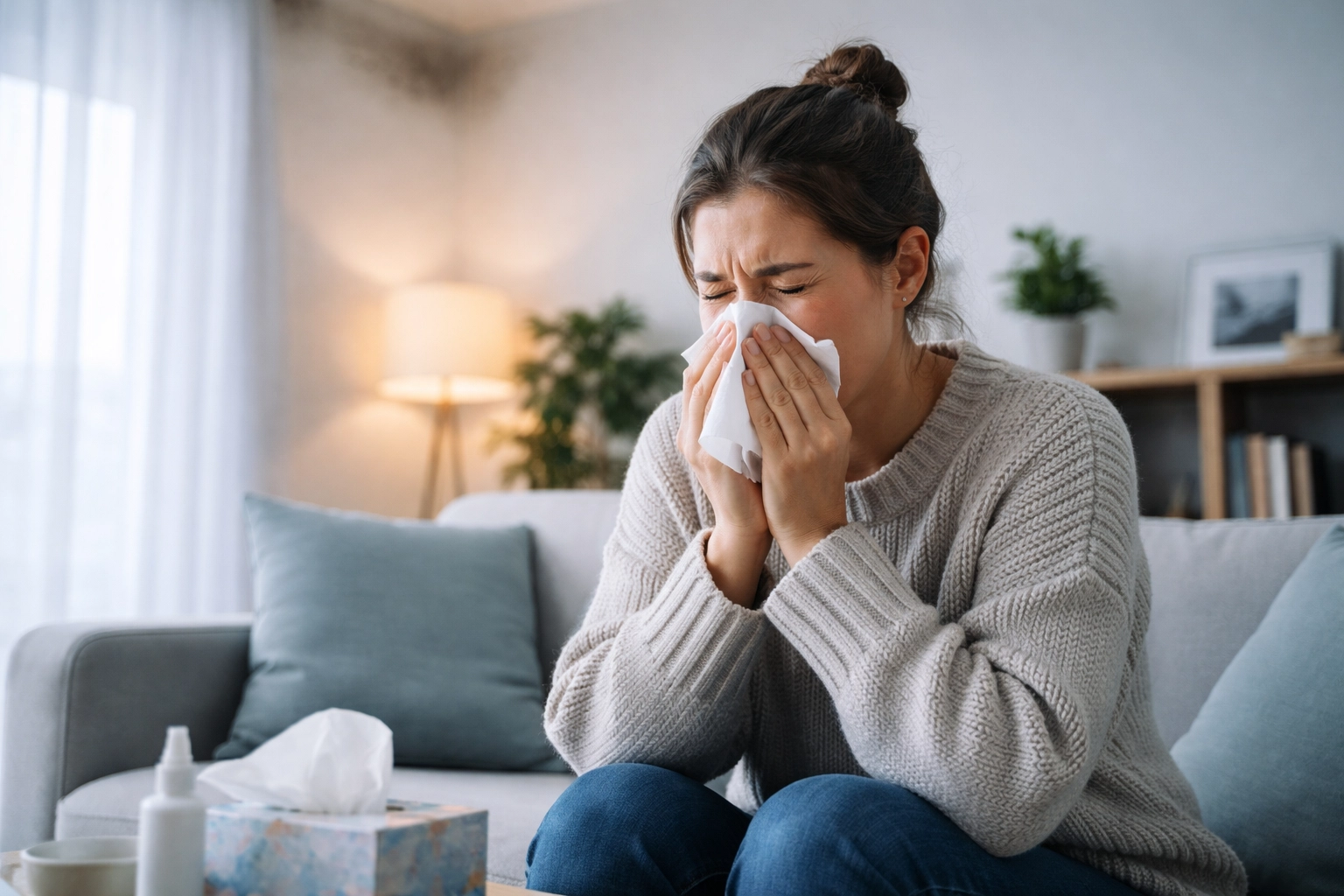 Person sneezing in living room with hidden mold spot, illustrating year-round allergy symptoms from indoor mold.