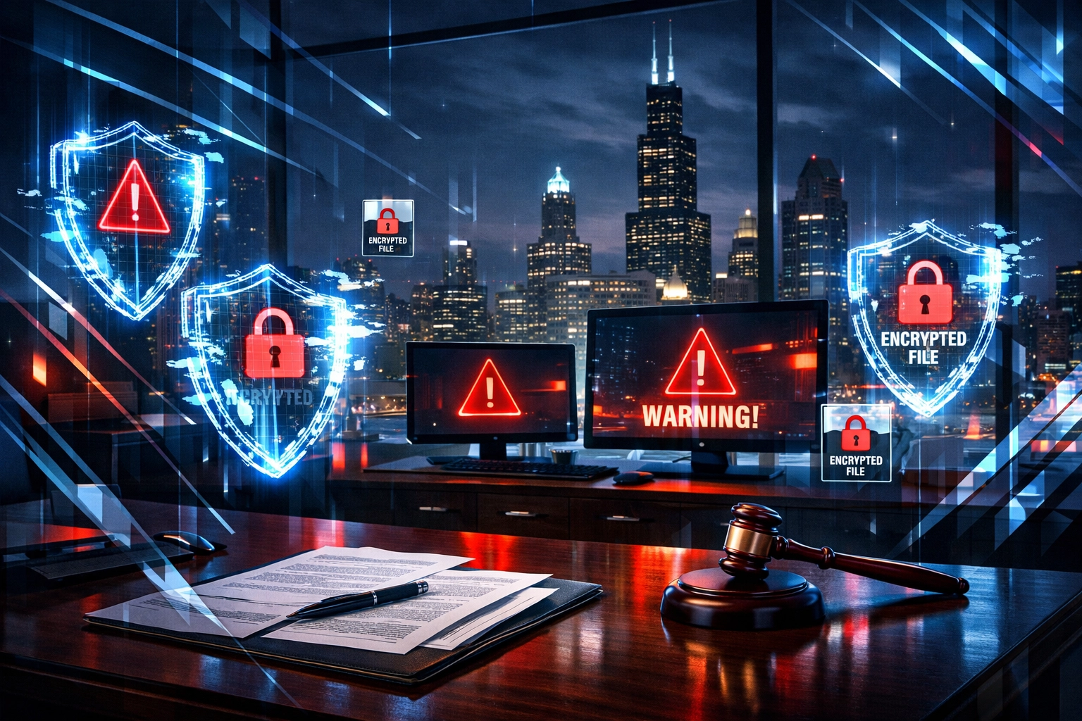 Chicago law office at night showing cybersecurity threats targeting legal firms