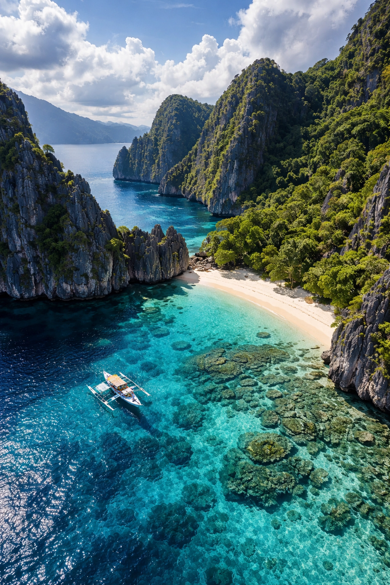 Aerial view of El Nido, Philippines with limestone cliffs, turquoise lagoons, and a white sand beach for affordable tropical travel.