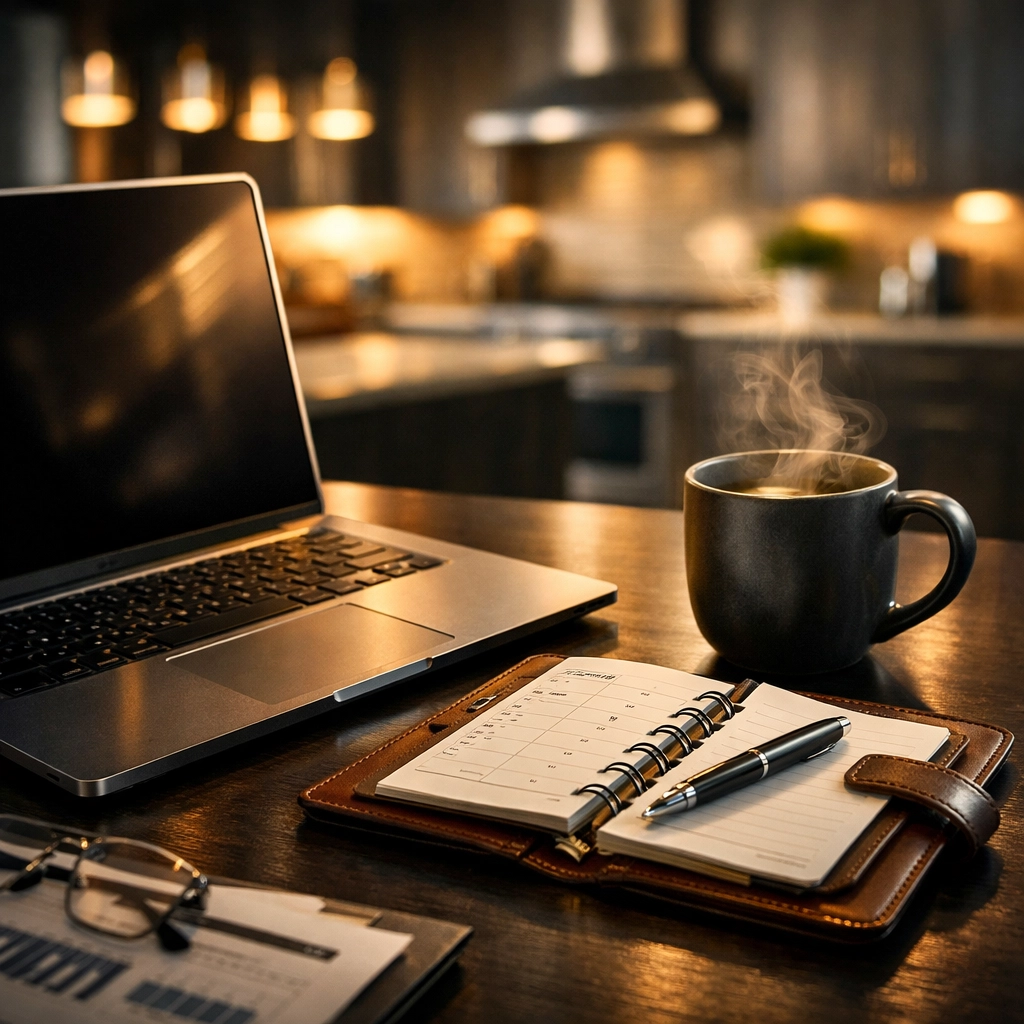 A clean home office desk representing transparent financial management and secure payments for building services.