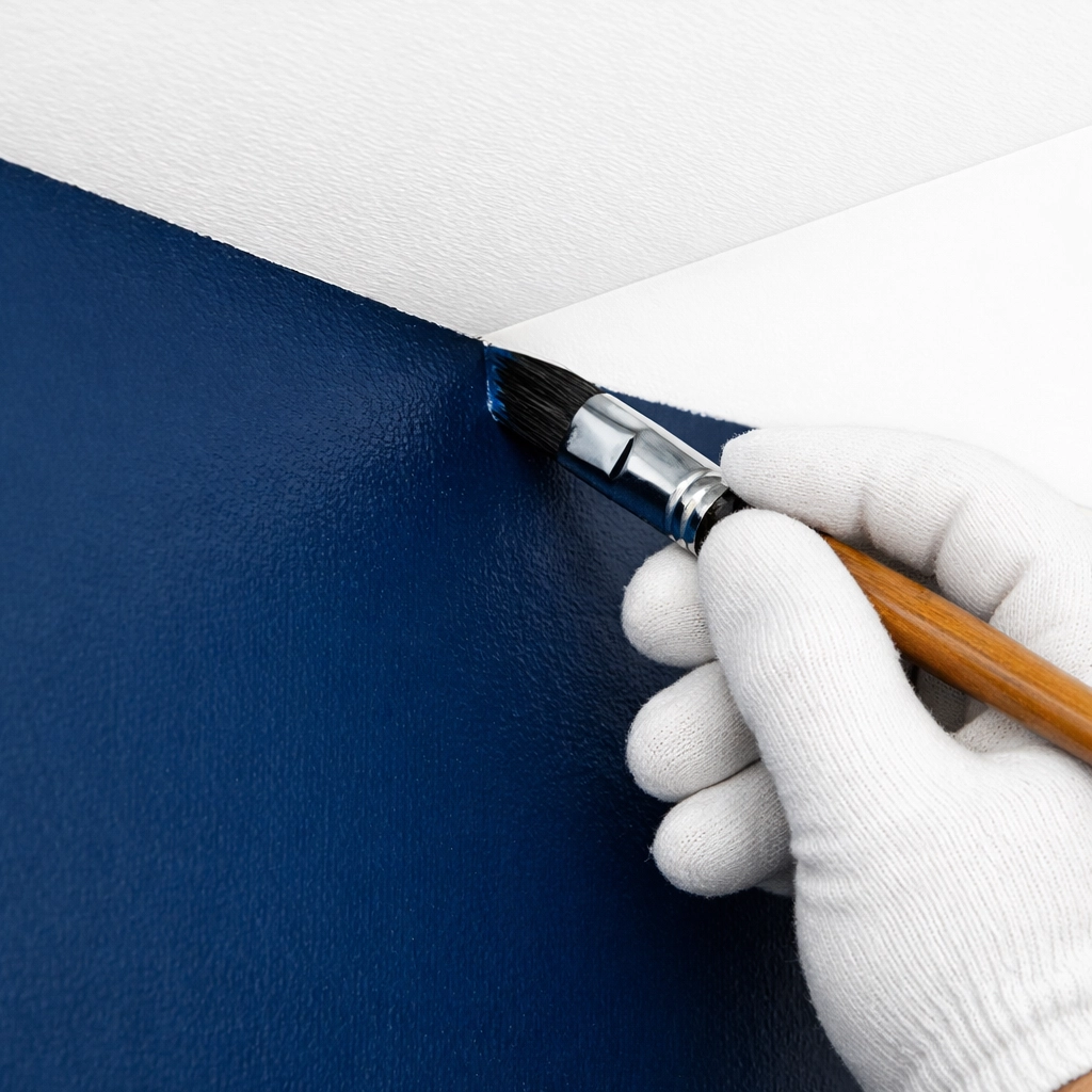 Professional painter in Cheltenham cutting a sharp edge on a commercial office wall.