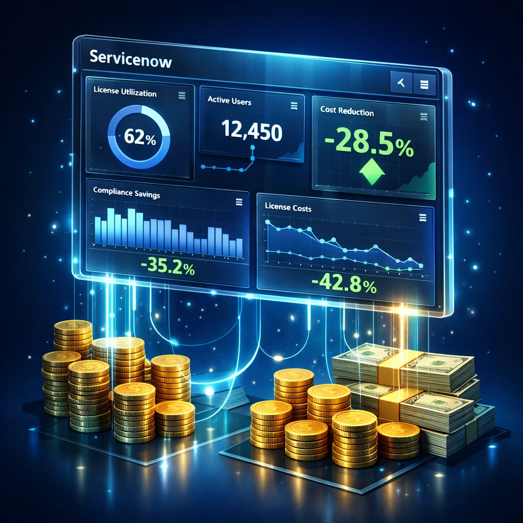 ServiceNow ITOM license dashboard showing cost savings opportunities and ROI metrics