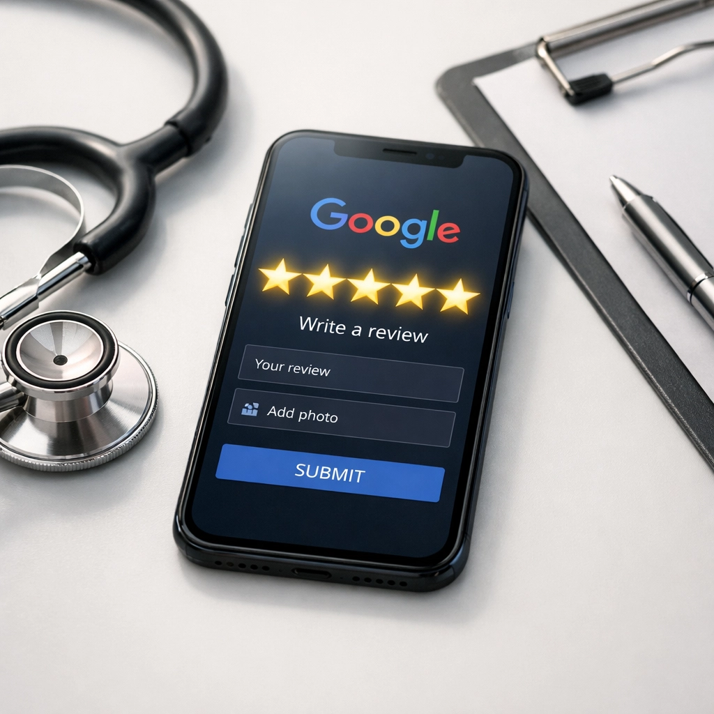 Smartphone displaying five-star Google reviews for chiropractic practice