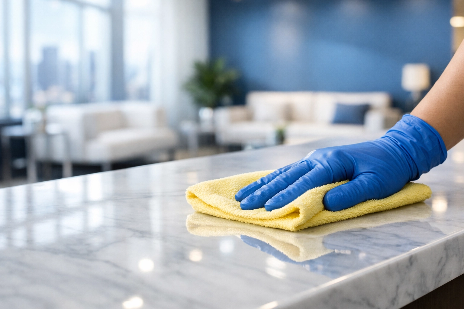 Expert Boston office cleaning professional wiping down high-end marble furniture for a streak-free finish.