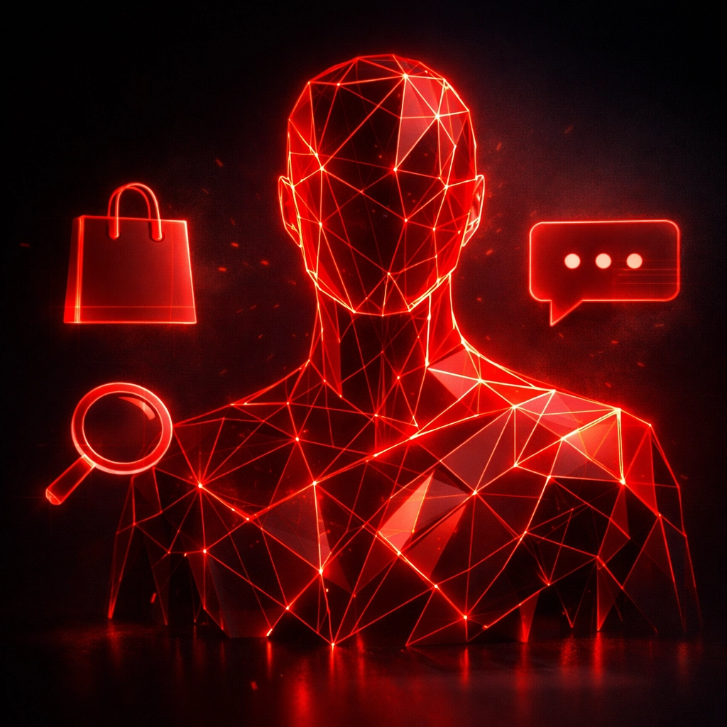 Futuristic AI silhouette with floating communication icons, showcasing smart business automation.