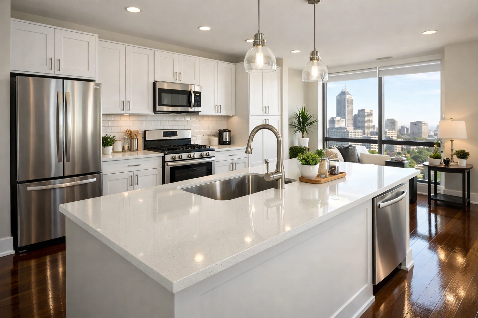 Spotless modern kitchen in an Indianapolis apartment after a professional turnover cleaning reset.