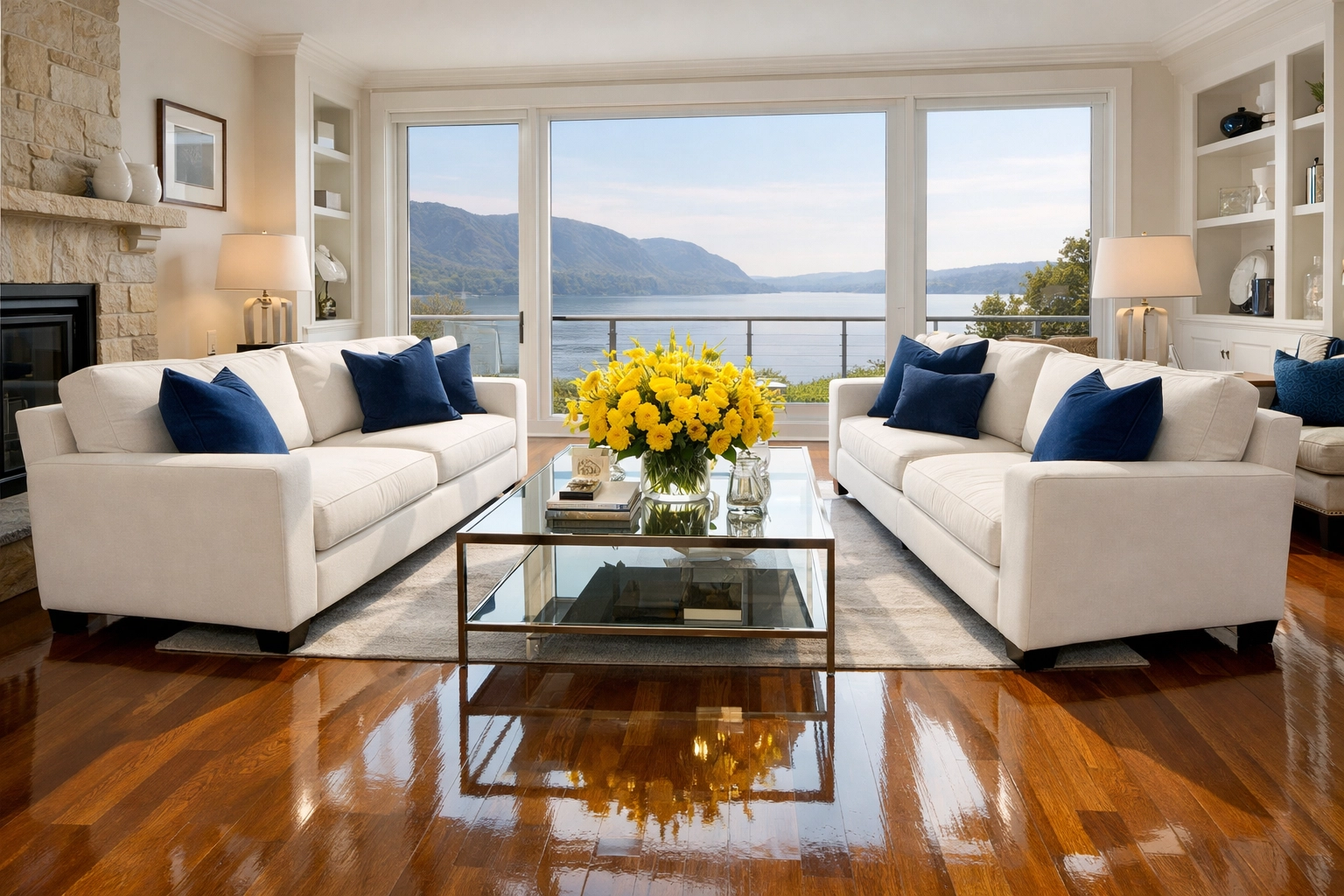 Impeccably clean living room in Hudson, MA, showcasing the results of expert weekly house cleaning.