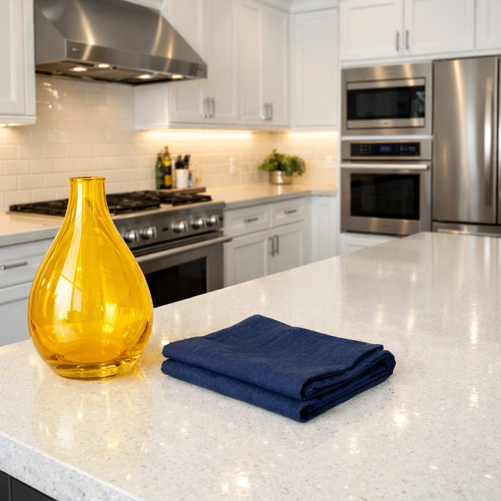 Professionally cleaned luxury kitchen in Lowell featuring gleaming quartz countertops and white cabinets.
